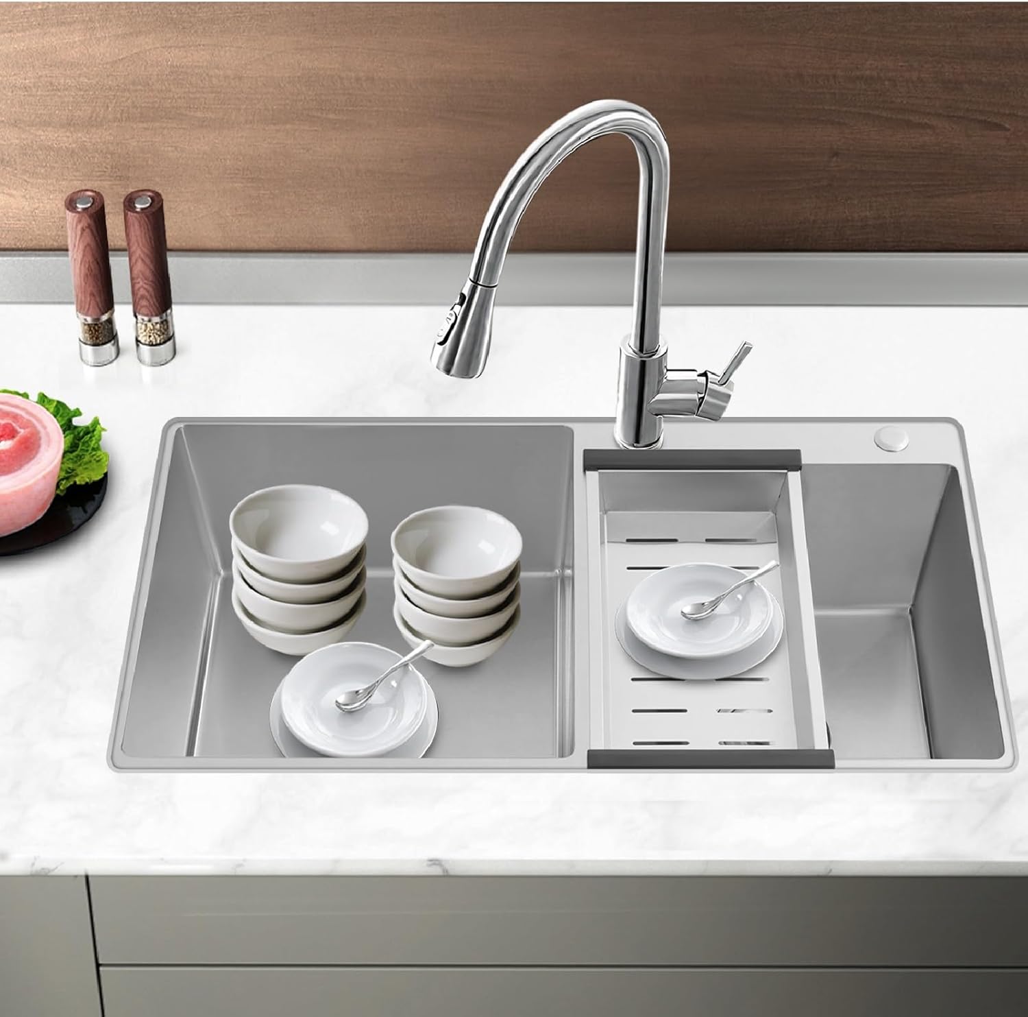 Double Bowl Kitchen Sink, Drop-in/Topmount Kitchen Sink, Commercial Stainless Steel Deep Sinks with Basket Strainer, 30.71 * 16.93 * 8.27 Inch
