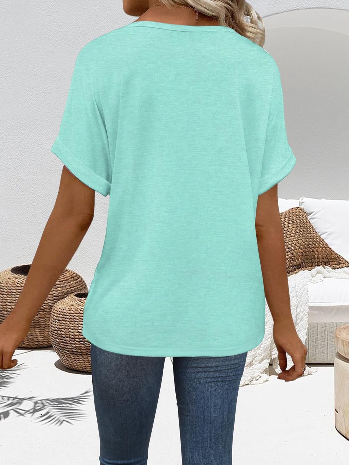V Neck Short Sleeve T-Shirts Womens Tops Basic Tees Fashion Trendy Casual Summer Outfits Spring Clothes 2025 Dressy,Mint Green,S-Old - Image 2