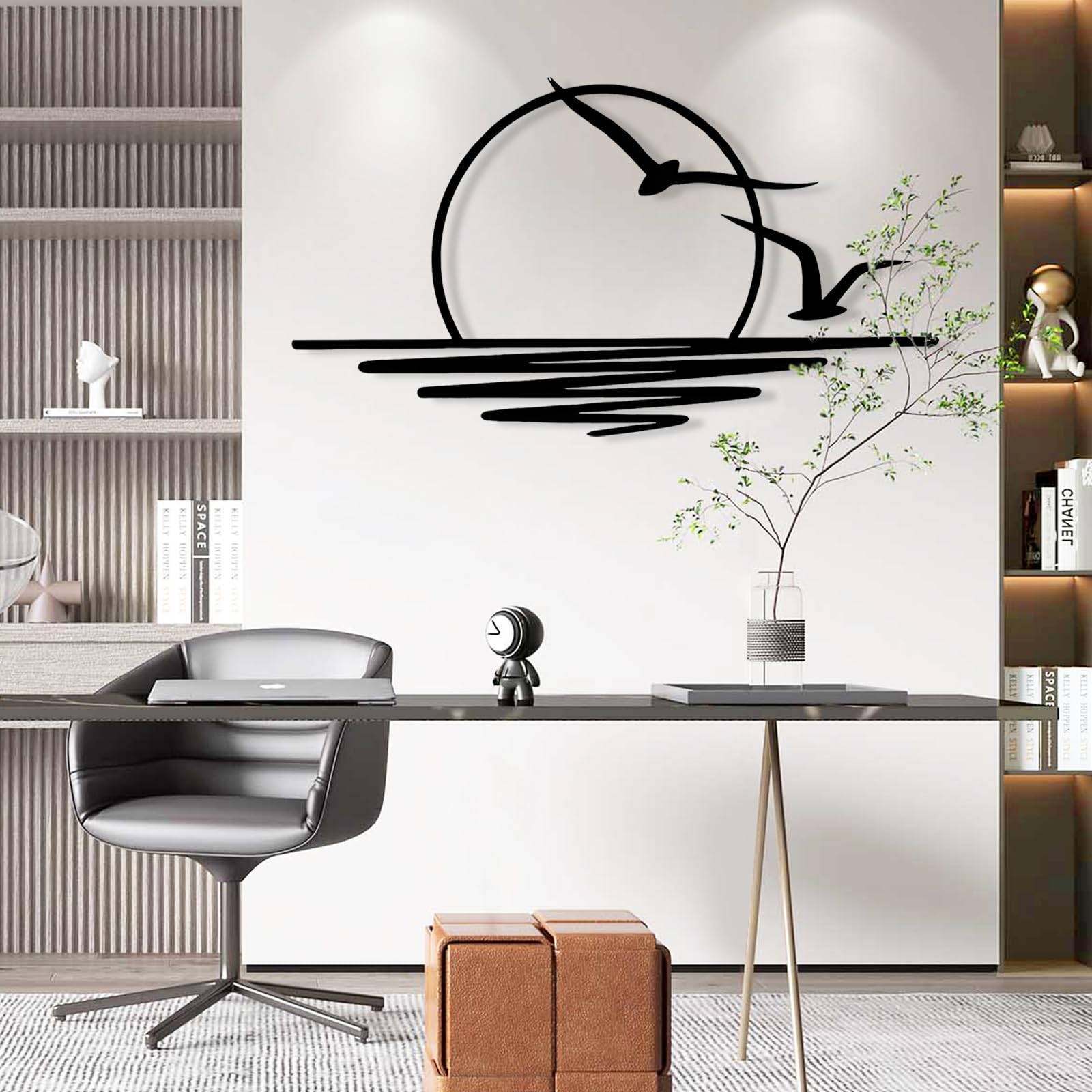 Wanddeko, 100 x 50 cm Schwarz Metall Wanddeko, wunderschöne Wanddekoration mit Möwen und Sonnenaufgang Muster, minimalistische Linienkunst Wandornament Hängen Dekor für Wohnzimmer, Schlafzimmer, Büro