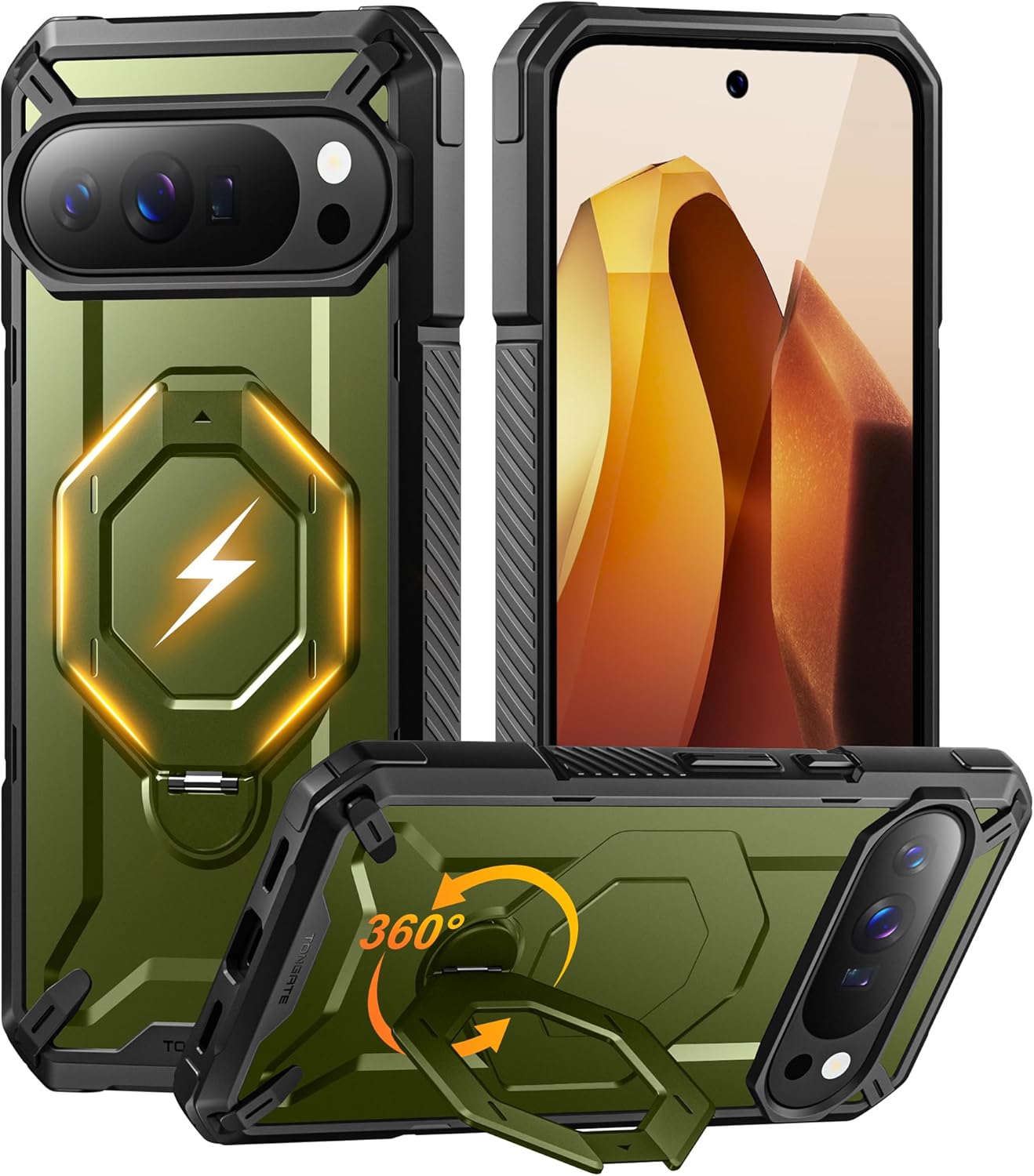 TONGATE for Pixel 10 Pro Case/Pixel 10 Case with 360 Spin Magnetic Stand, Compatible with MagSafe, Non-Slip Edge Rugged, Military Grade Protection for Google 10Pro Phone Case, Green