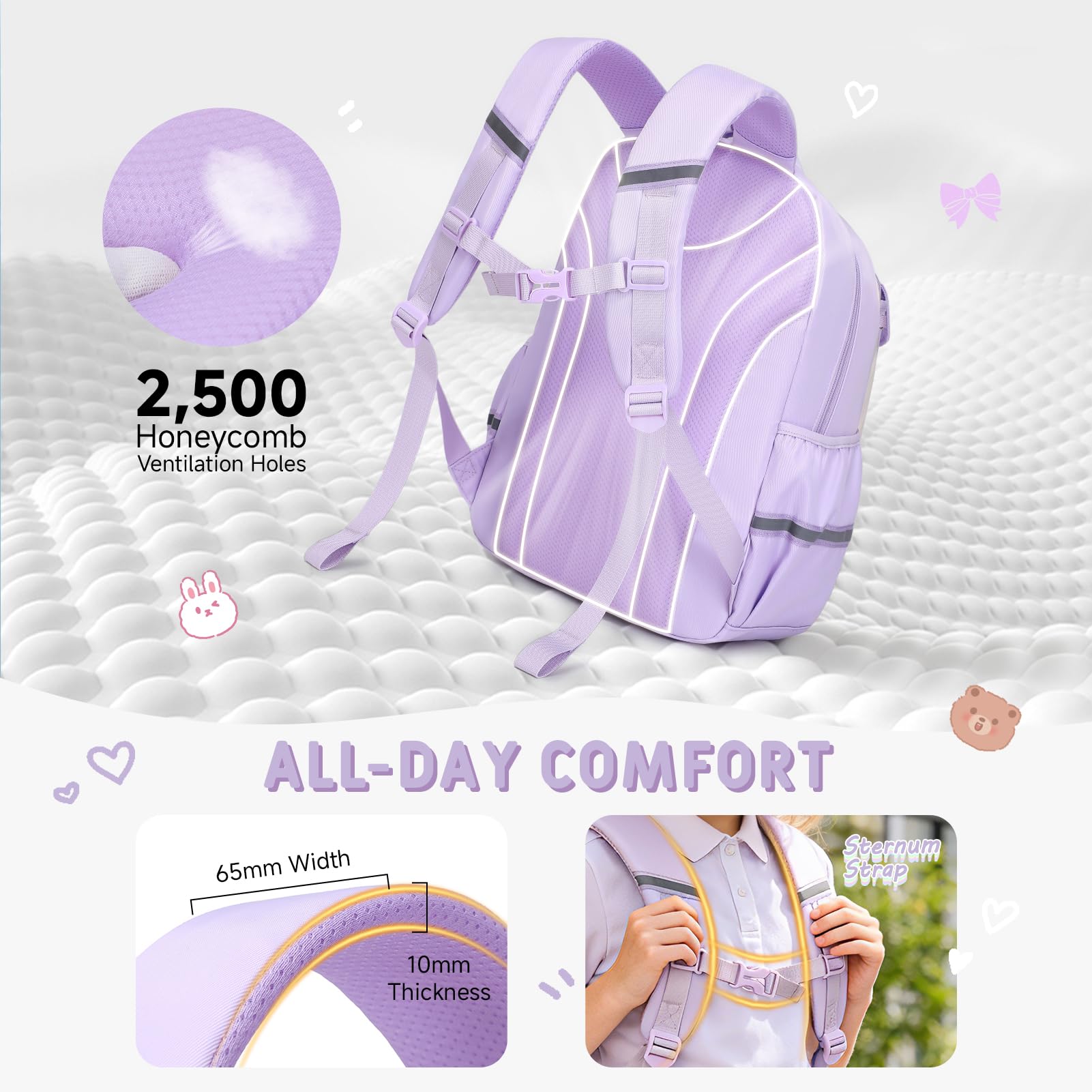 Amythe Schultasche Mädchen Rucksack Kinder, 4-teilig Schulrucksack-Set Atmungsaktiv für Mädchen, Lässiger Schulranzen mit Lunchpaket Mäppchen und Umhängetasche, Lila