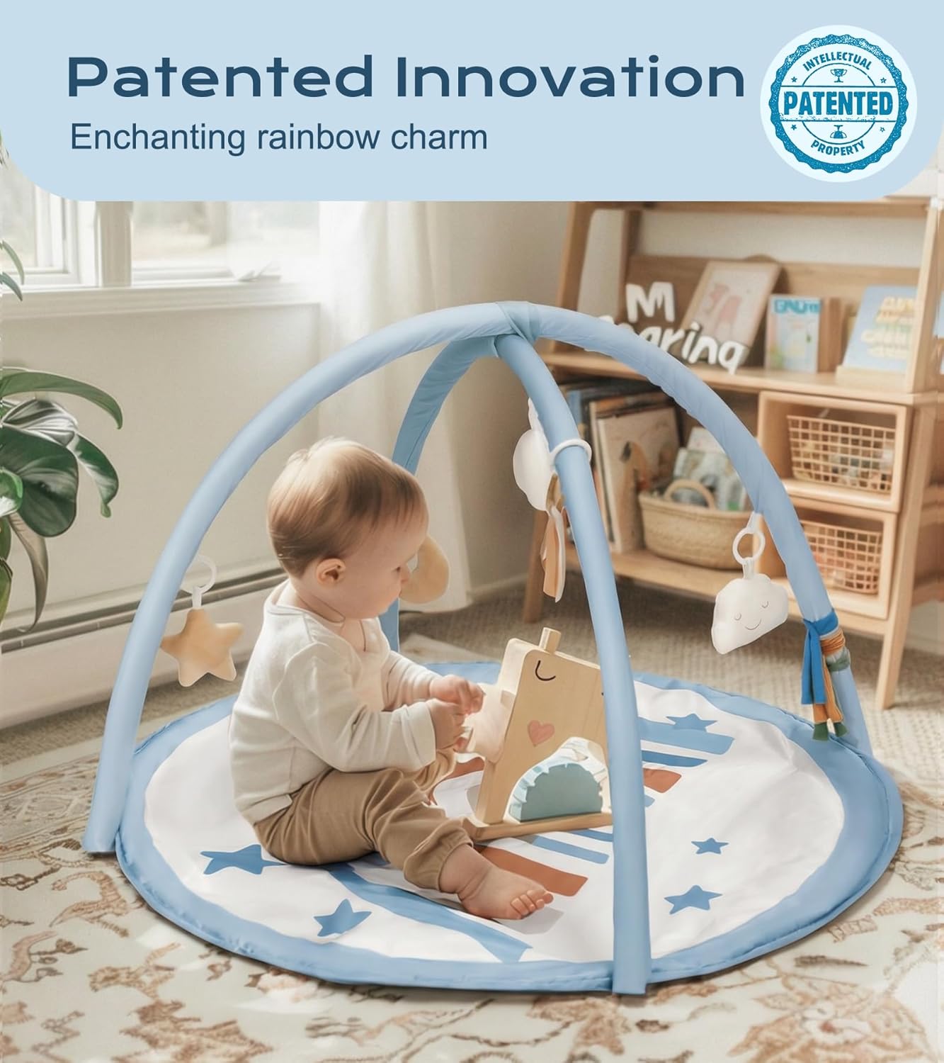 Little Dove Baby Play Gym Mat, Tummy Time Activity Mat with 7 Detachable Toys and 12 Milestone Cards for Stage-Based Sensory and Motor Skill Development, Washable Play Mats for Infant, Blue