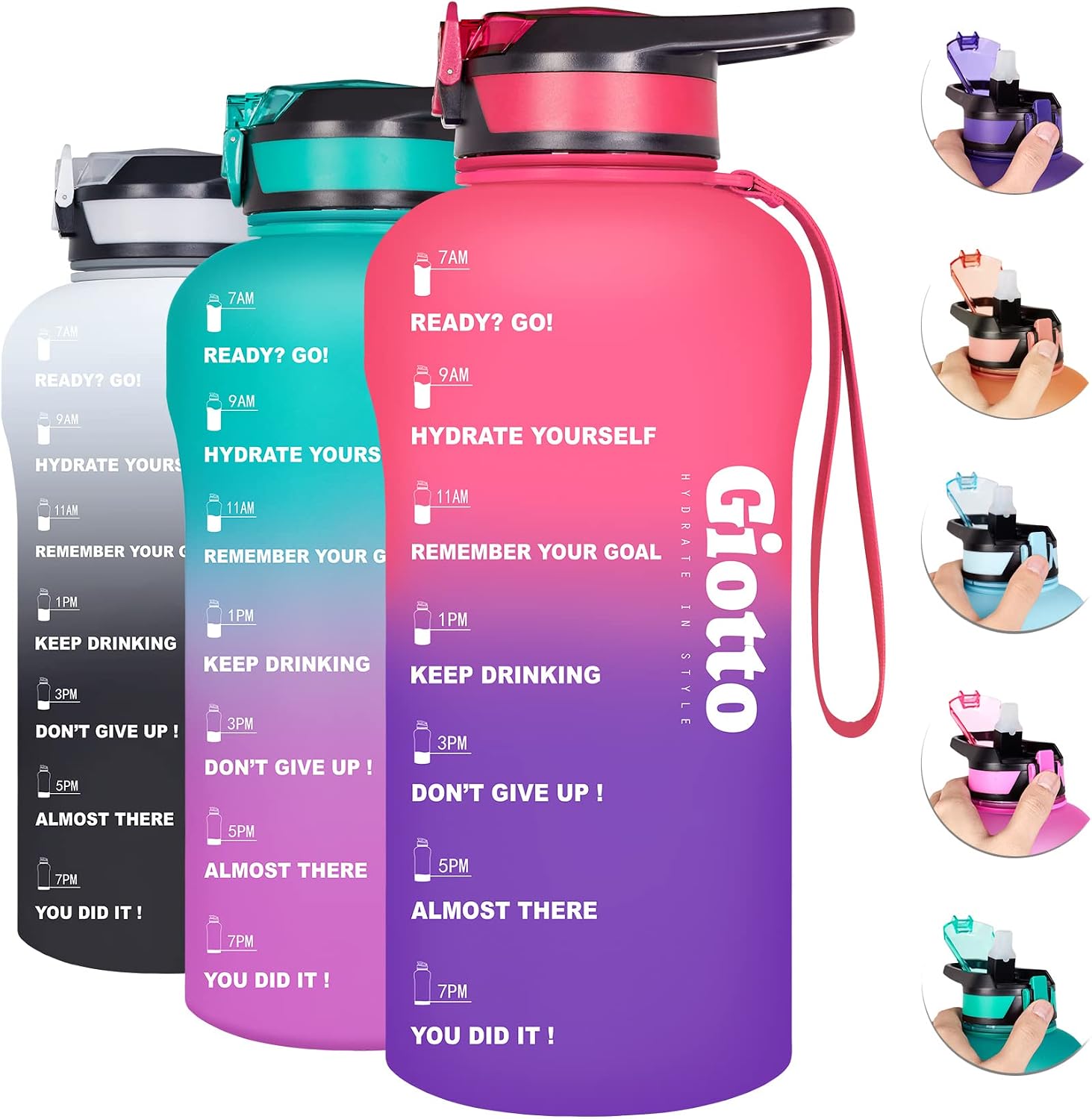 Giotto Large Half Gallon/64oz Motivational Water Bottle with Time Marker & Straw,Leakproof BPA Free Sports Water Jug with Handle to Remind You Drink More Water,Hydrate in Style