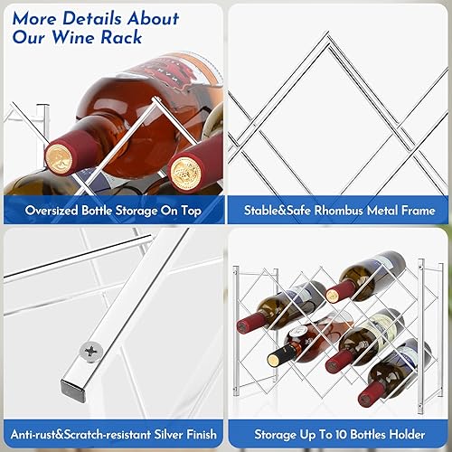Miniatura 3 de TOBUSA Moderno estante de vino plateado para encimera, soporte pequeño para botellas de vino, 10 botellas de metal independiente, organizador de