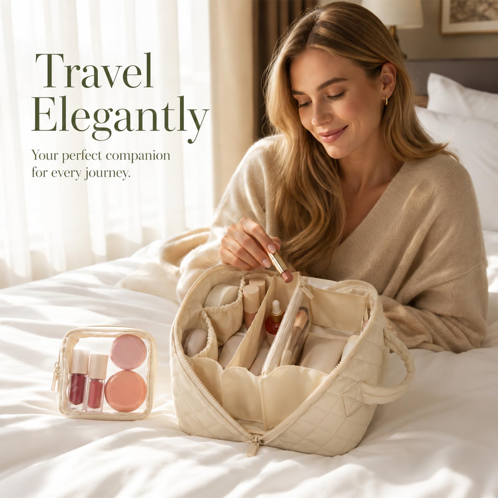 2 Pezzi Borsa Cosmetici, necessaire Donna (Crema) | Borsa cosmetici donna, borsa da toilette con apertura a 180°, leggera e morbida, grandi scomparti, lavabile per viaggio