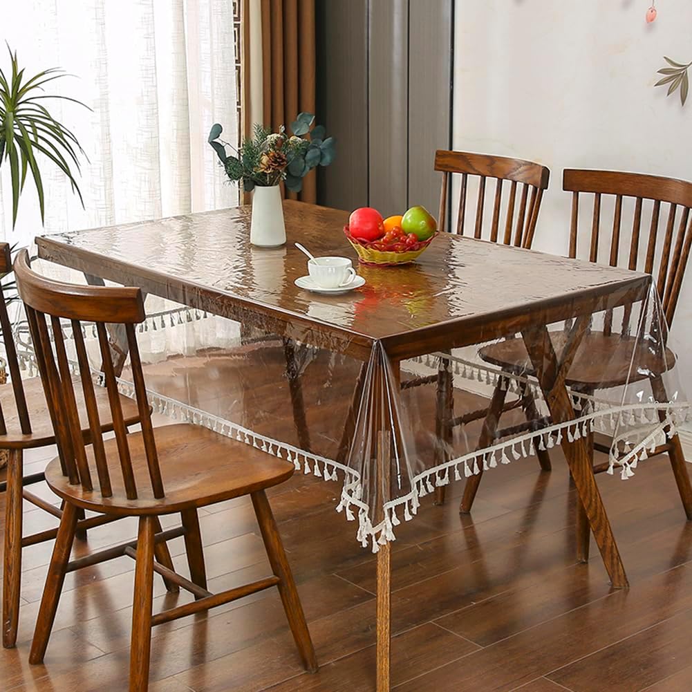 vctops Crystal Clear Plastic 100% Waterproof Table Cover Protector with Tassels, Vinyl PVC Rectangle Table Cloth, Oil Spill Proof Wipe Clean Tablecloth for Dining Tables (Clear,47"x67")