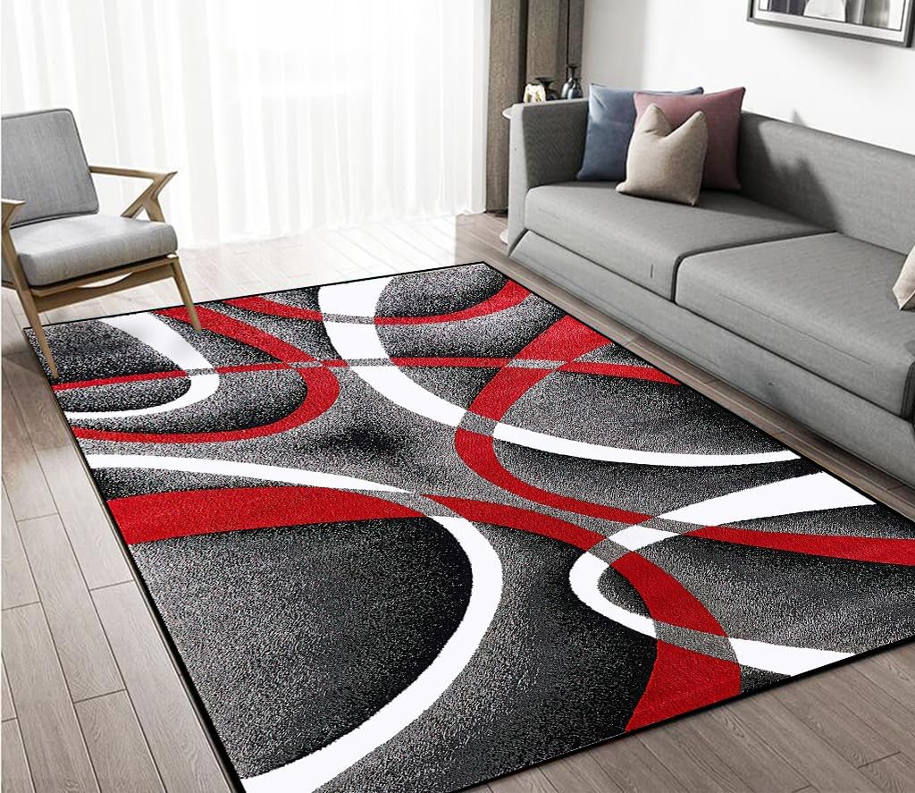 Geometric Strip Lines Area Rug 4x6 - Modern Abstract Accent Rug for Living Room Bedroom, Non-Slip Luxury Art Floor Mat Under Couch, Red/Black/White Contemporary Indoor Rug