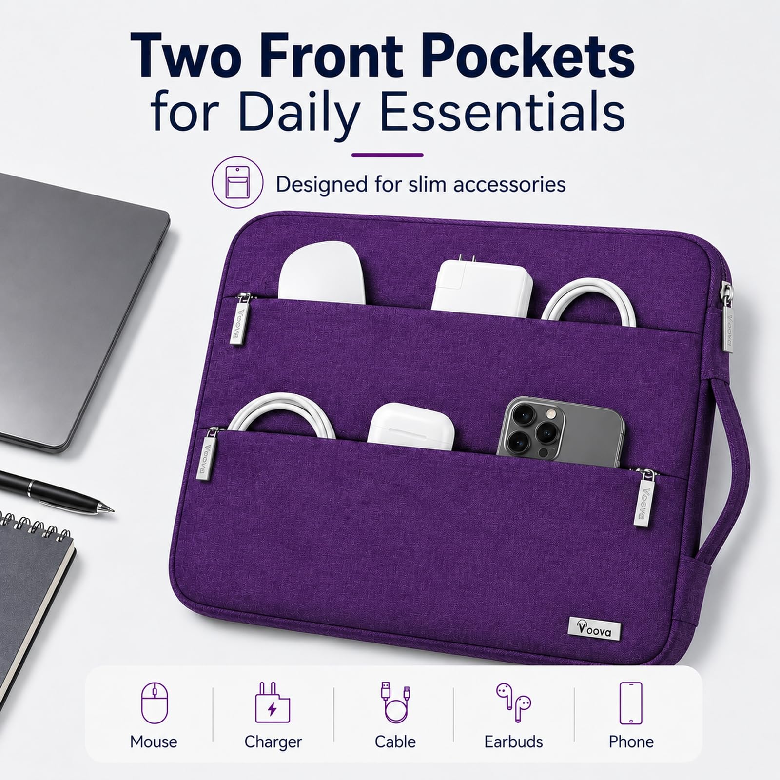 V Voova Housse de transport fine et imperméable avec poignée pour ordinateur portable de 15,6 à 16" – Compatible avec MacBook Pro 16 M1/M2/M3/M4 de 15,6 à 16" – HP, Dell, Lenovo, Acer, Asus – Violet
