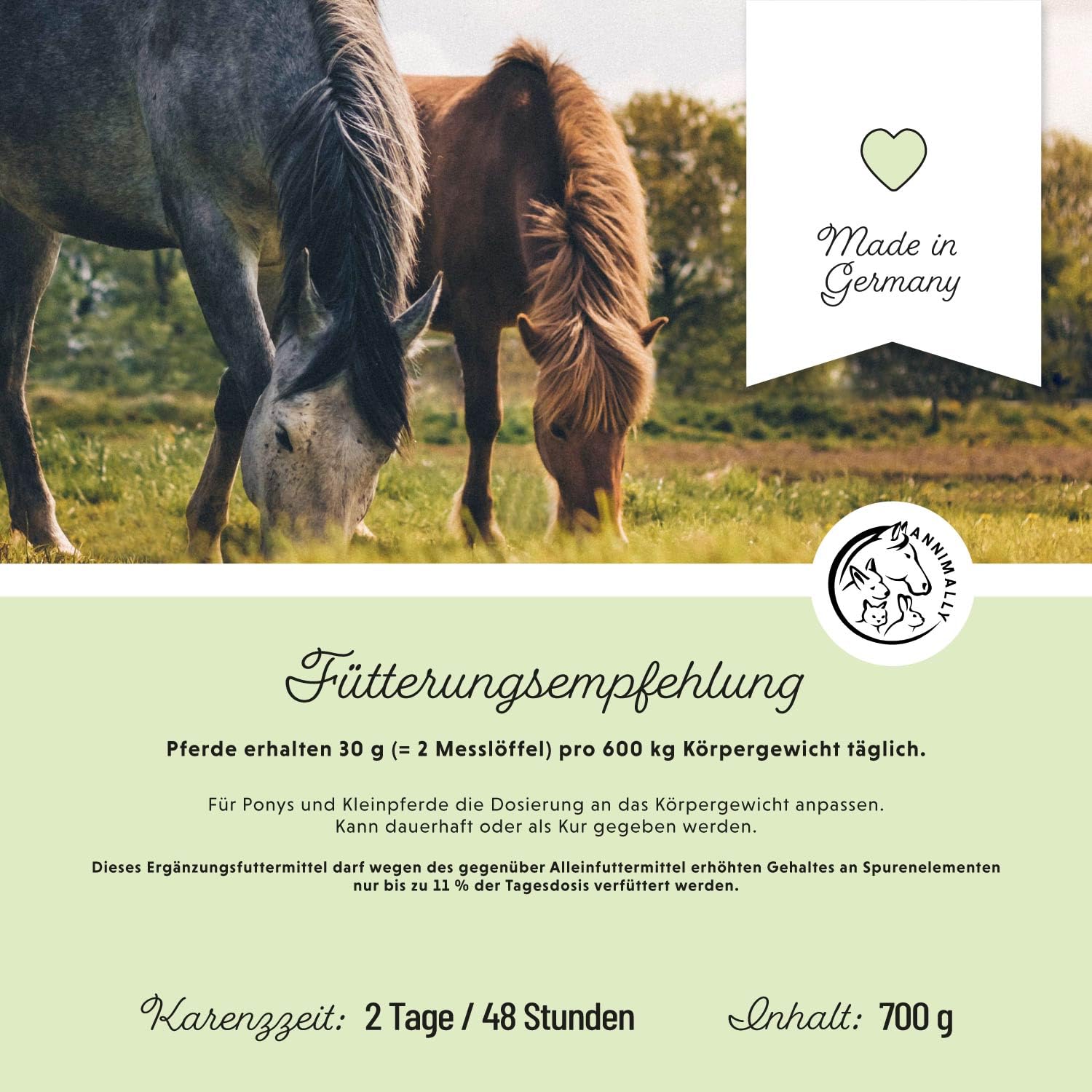 Annimally Muskelaufbau Pulver für Pferde 700g mit Sojaprotein, Lysin, Carnitin, Threonin, Methionin - Amino Zusatzfutter für die Stärkung der Muskulatur beim Pferd - Alternative zu Liquid