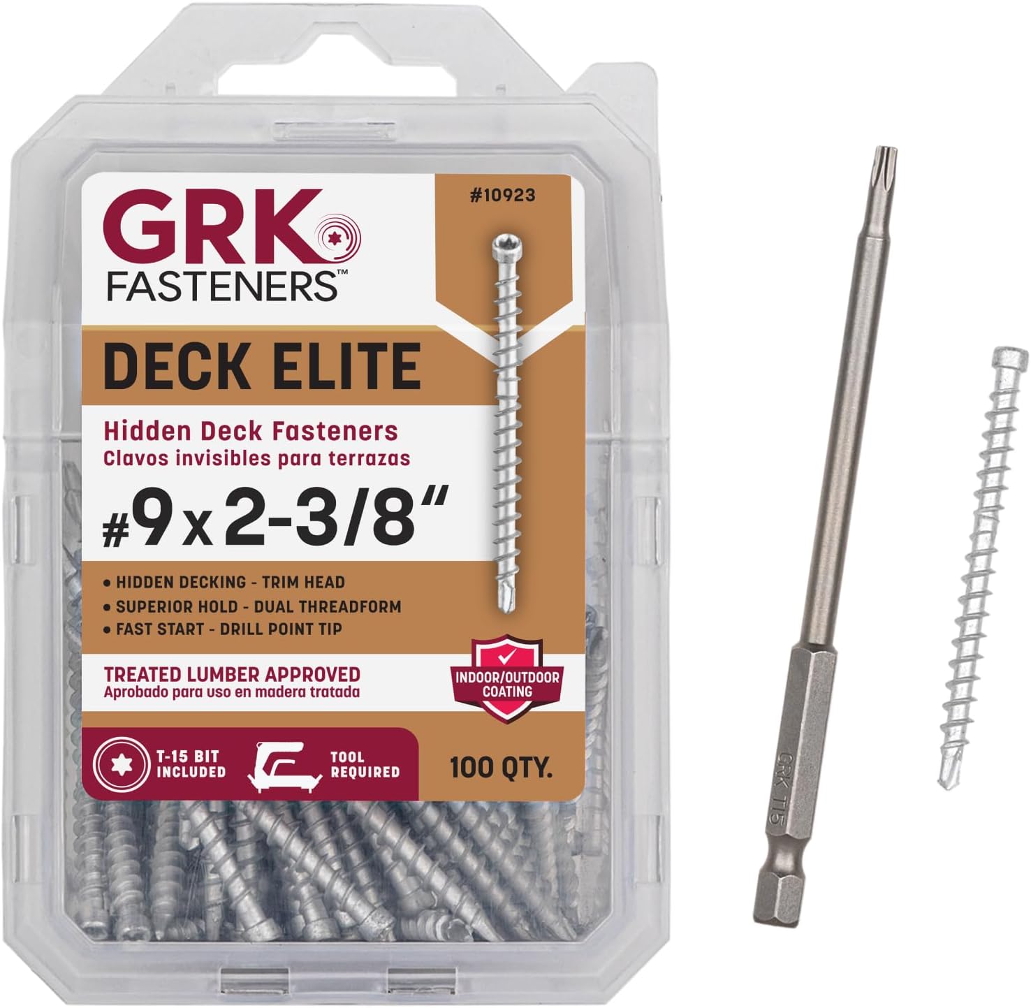 GRK Fasteners Deck Elite #9 x 2-3/8" Hidden Deck Screws, 100 PCS, with Dual Thread Form, Superior Clamping Force, Outdoor Decking Fasteners, Drill Point Tip, Star Drive Recess, T-15 Bit Included