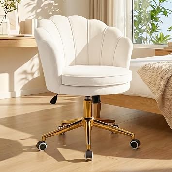 Furnicomfy Home Office Desk Vanity Chair with Back, Elegant Vanity Makeup Desk Chair with Wheels, Velvet Swivel Armchair Height Adjustable with Gold Metal for Women Girls, LivingRoom Bedroom, Beige