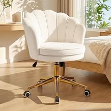 Hellove Velvet Dressing Table Chair Desk Chair Office Chair with Wheels Beige Shell Makeup Chair with Gold Metal Legs Vanity Armchair Swivel Chair Height Adjustable for Bedroom and Living Room