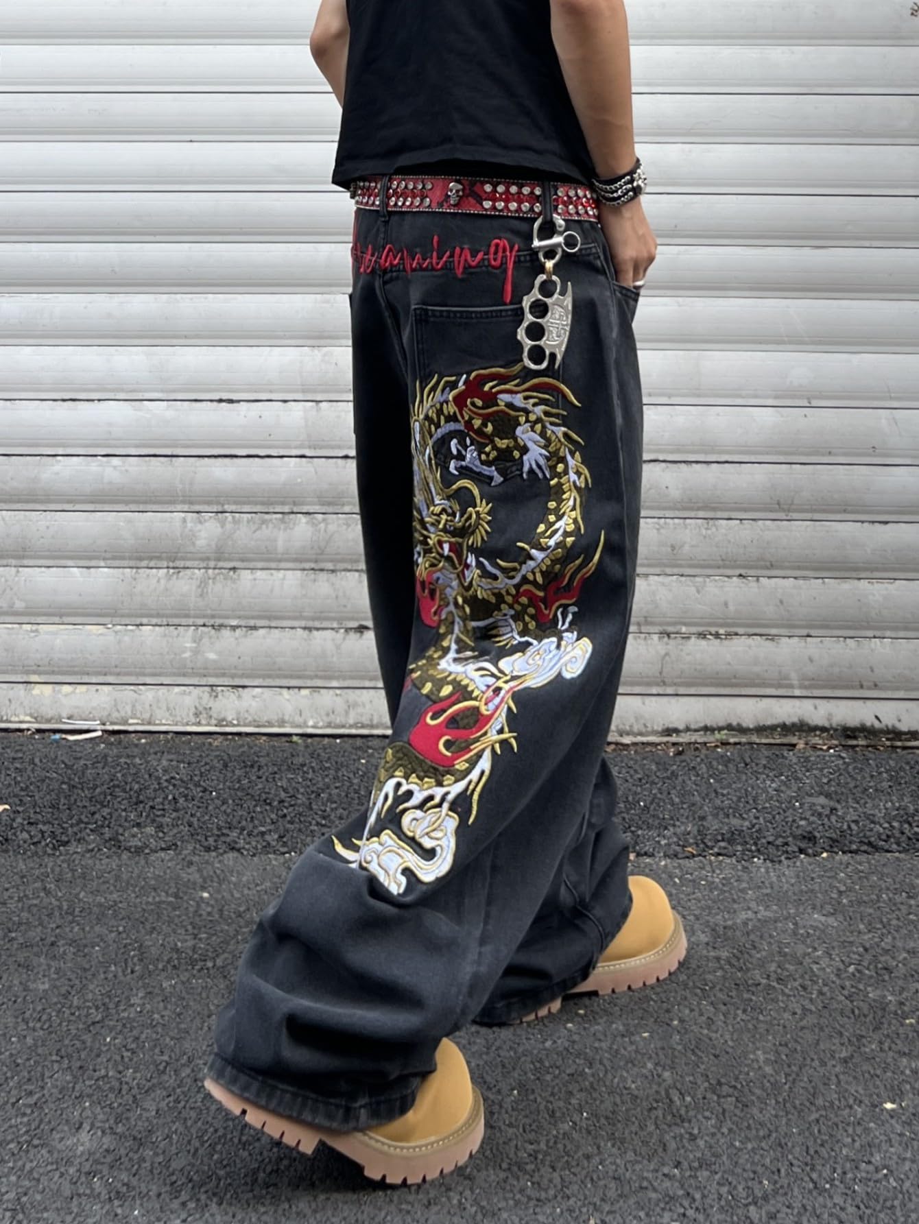 Jeans larghi da uomo con drago ricamato a gamba larga, stile hip hop, vestibilità larga, pantaloni in denim streetwear