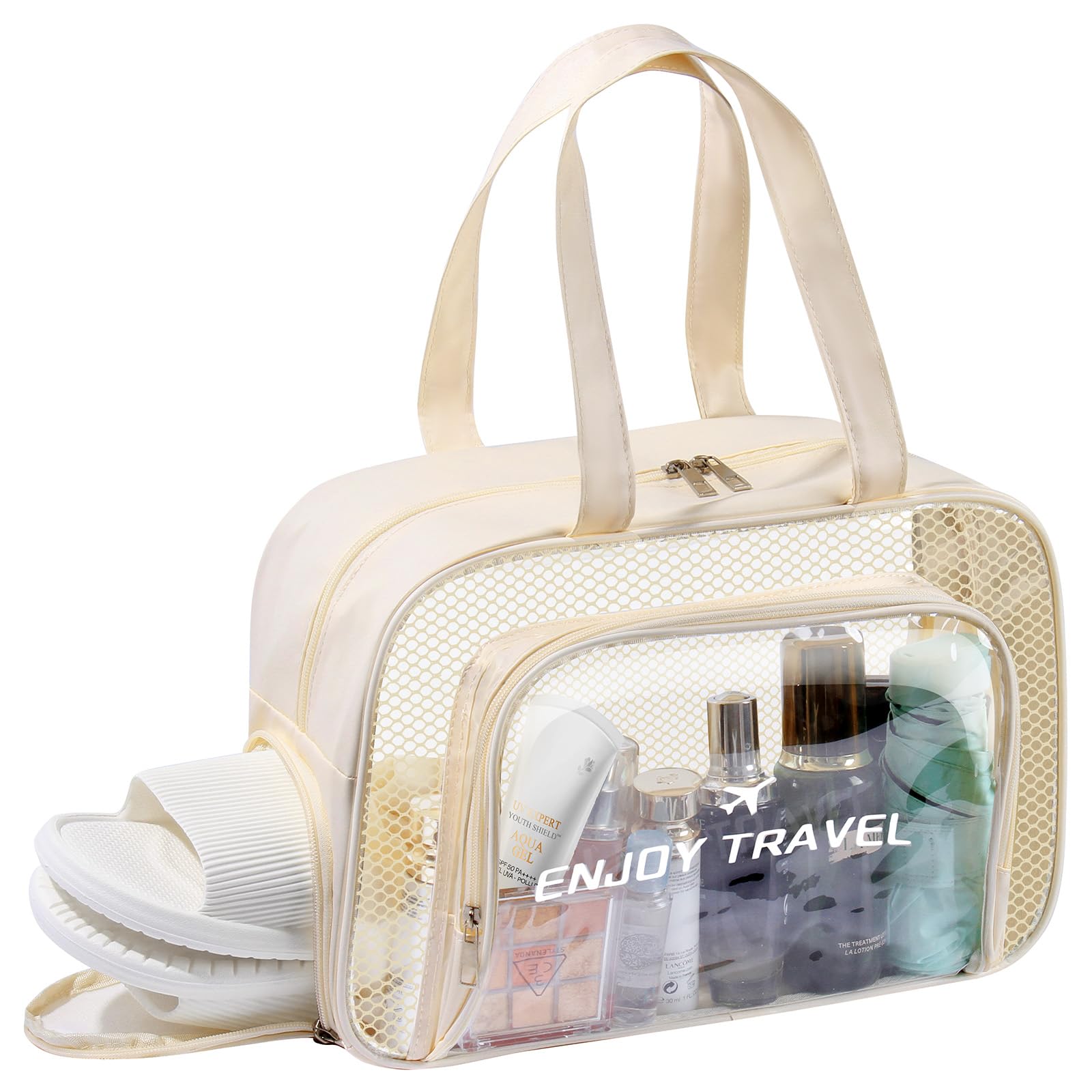 Chenille Letter Patch Clear Travel Bags Preppy PVC Nylon Makeup Bag with Handle and Zipper Waterproof Large Clear