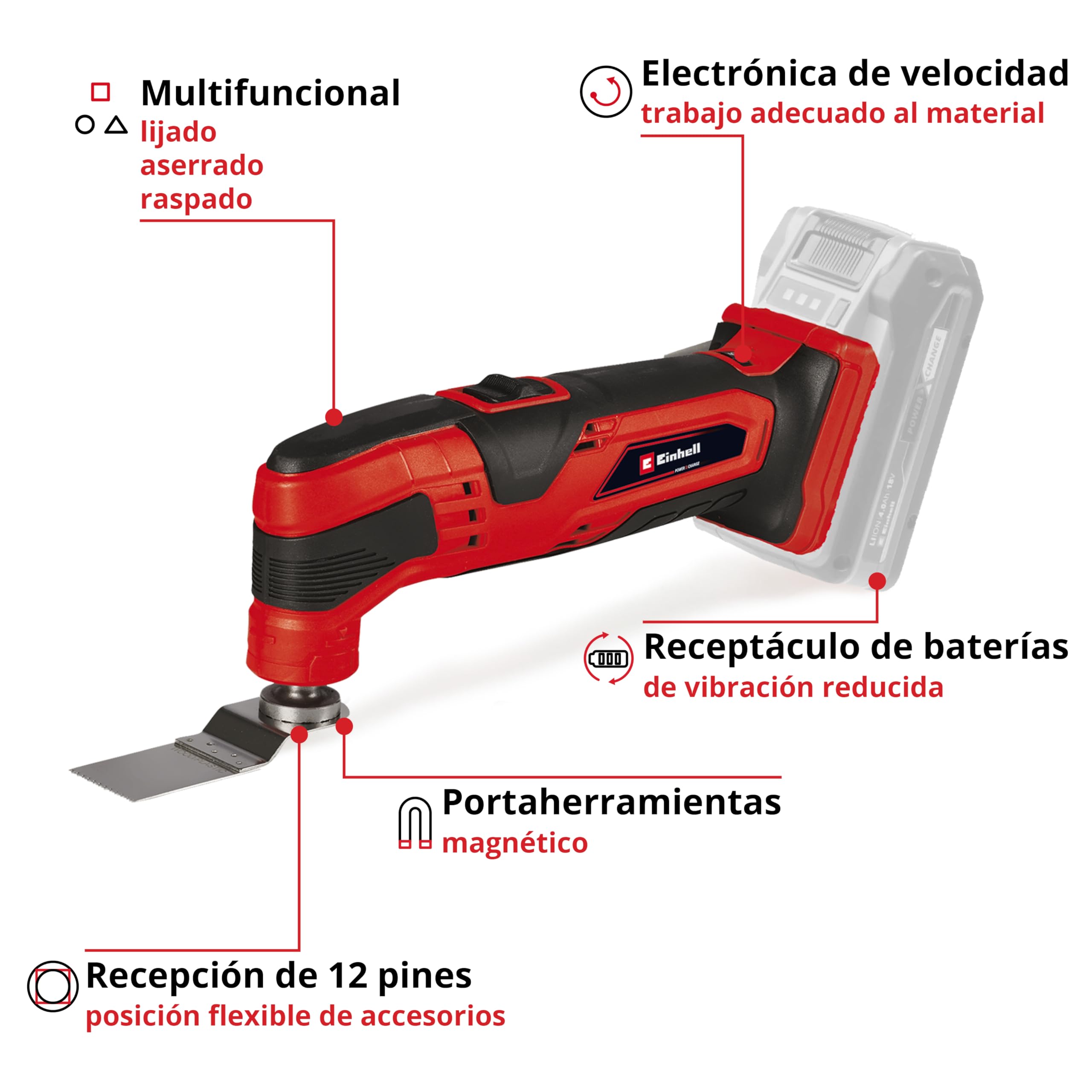 Einhell Herramienta multifunción a batería fijación de herramienta magnética, electrónica de velocidad, accesorios incluidos