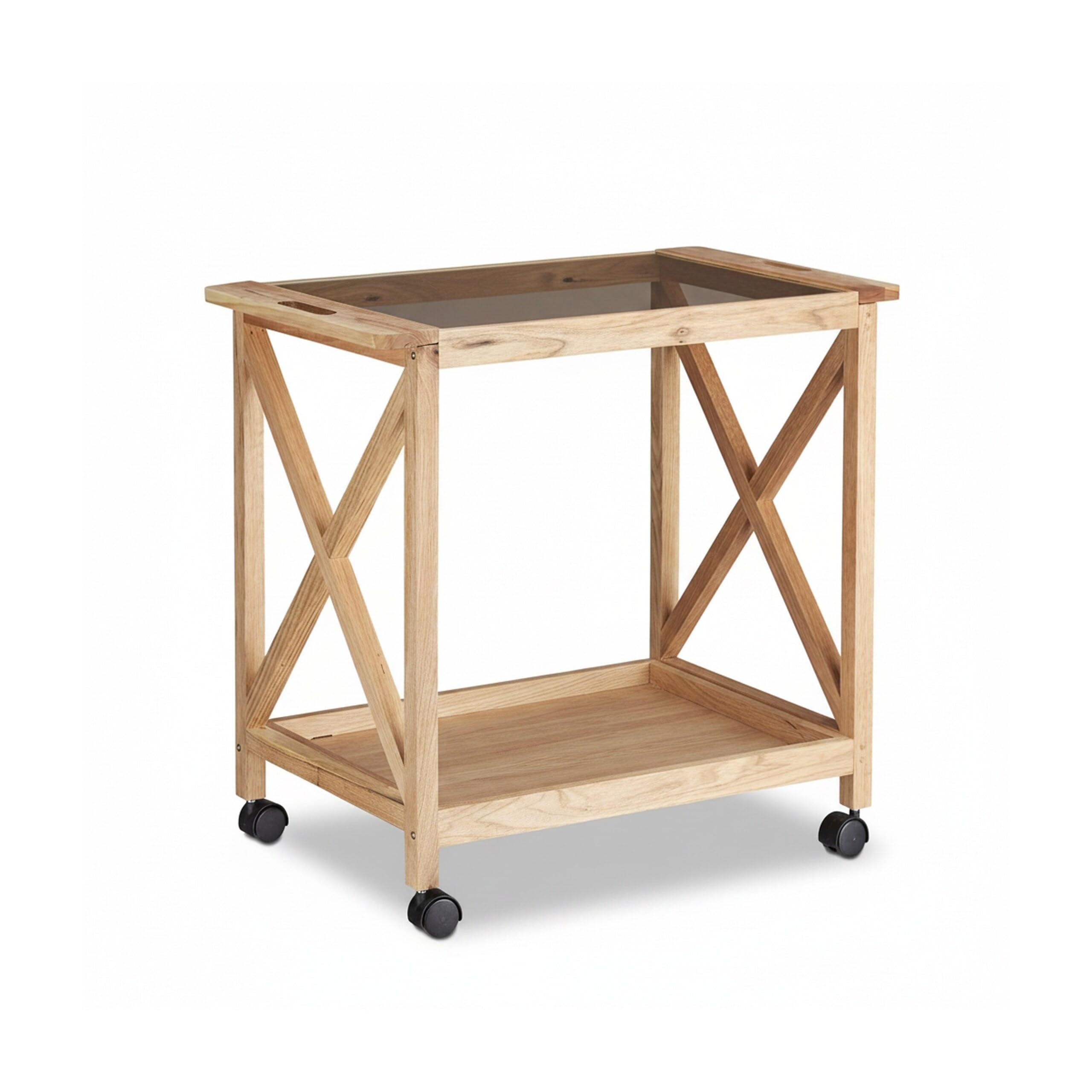 Relaxdays Carrello Portavivande Cucina, Legno di Noce Carrellino con Ruote Piano in Vetro, 63x66,5x38 cm, Marrone Chiaro