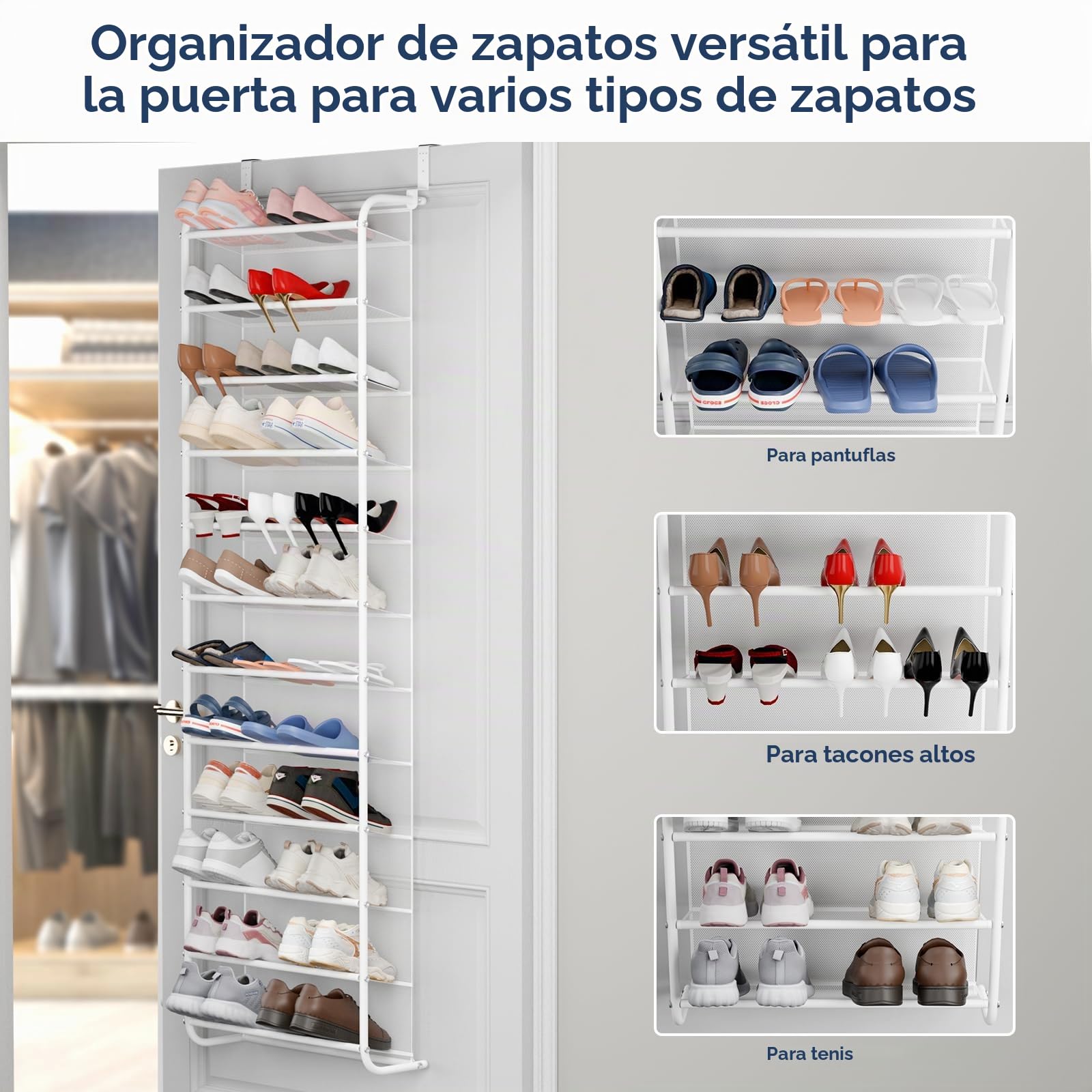 Whitmor Organizador de zapatos sobre la puerta, capacidad para hasta 36 pares de zapatos, metal y malla, color blanco
