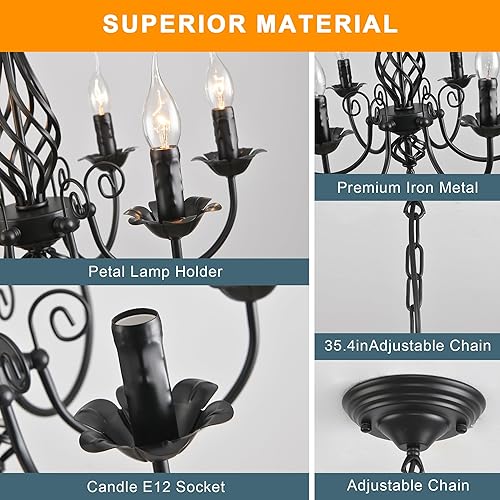 Miniatura 6 de Jaycomey Candelabro de vela de granja para comedor, 6 luces rústicas industriales, lámpara colgante de techo, lámpara colgante negra vintage