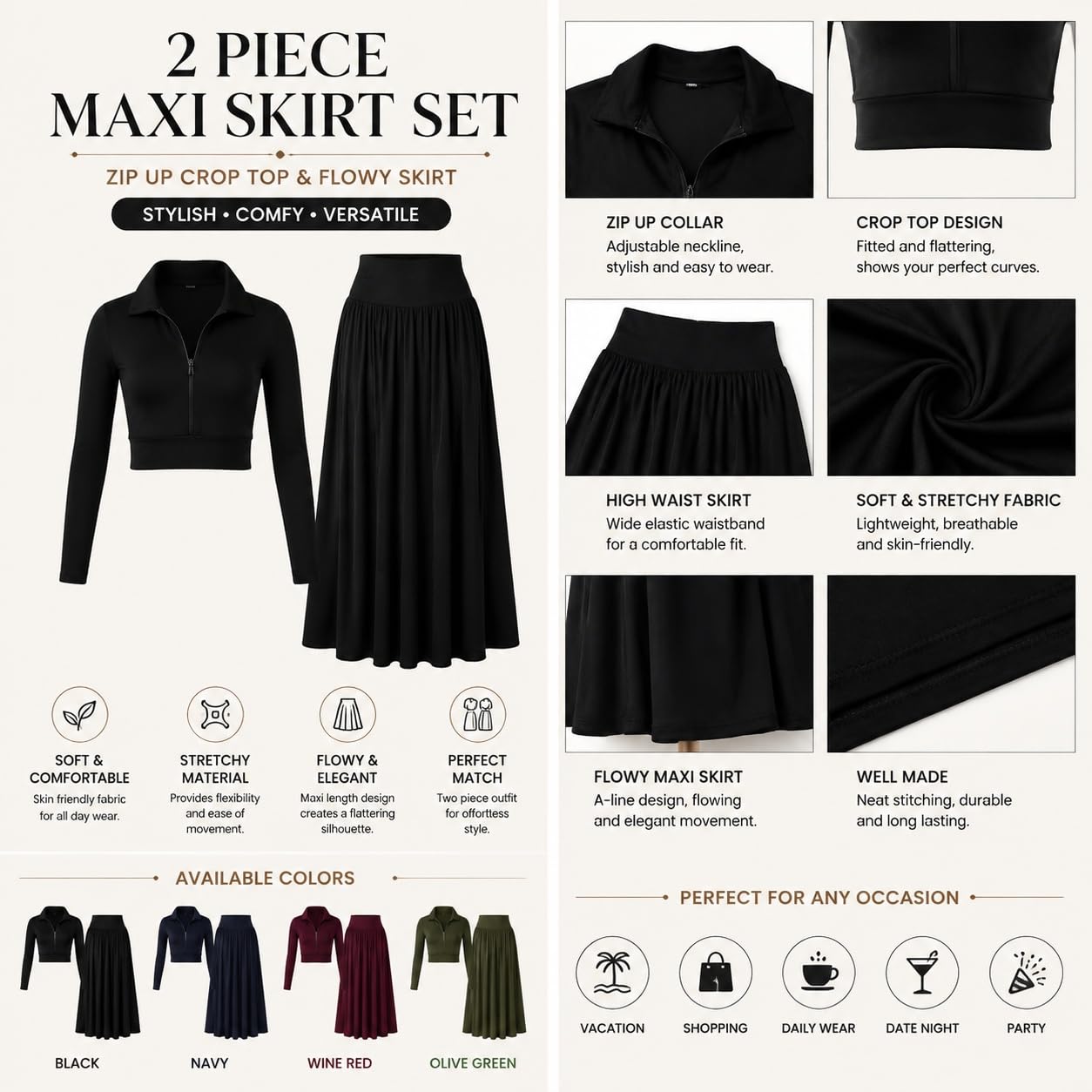 Ensemble Femme Crop Top Zippé Manches Longues Et Jupe Longue