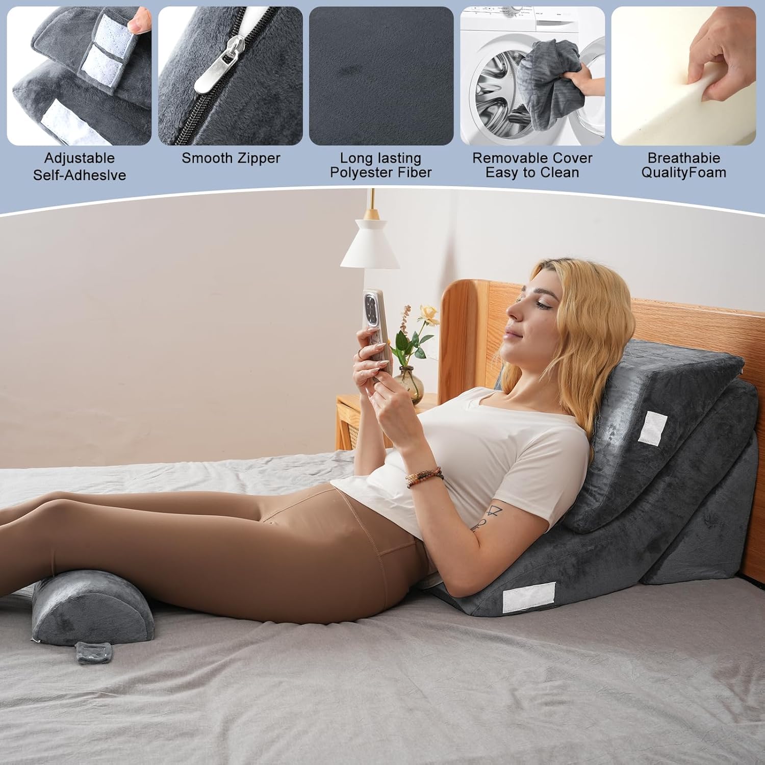 4PCS Orthopedic Bed Wedge Pillow Set, Post Surgery Foam Pillow, Triangle Adjustable Support Pillow for Body Back and Leg Pain Relief, Anti Snoring, Acid Reflux & GERD Sleeping (Grey)