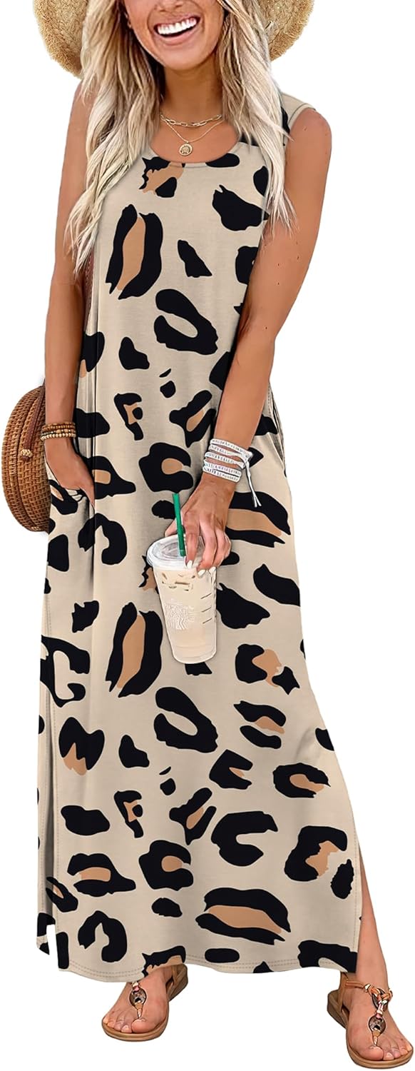 WIHOLL Maxi Dress Summer Dresses 2026 Beach Vacation Clothes Sleeveless Sundresses with Pockets Boho S-3XL