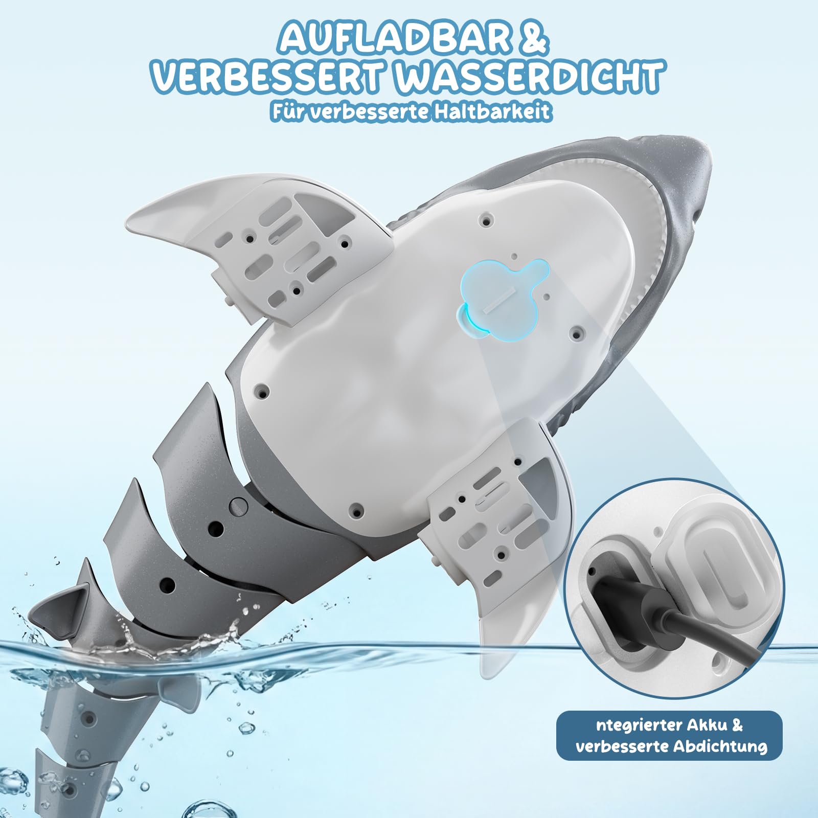 snookids Ferngesteuerter Hai-Spielzeug - 2.4GHz Ferngesteuertes Boot Simulation Hai, USB Aufladbar Shark Spielzeug Pool Wasserspielzeug mit Licht- und Automatischer EIN, Geschenk für Jungen Mädchen