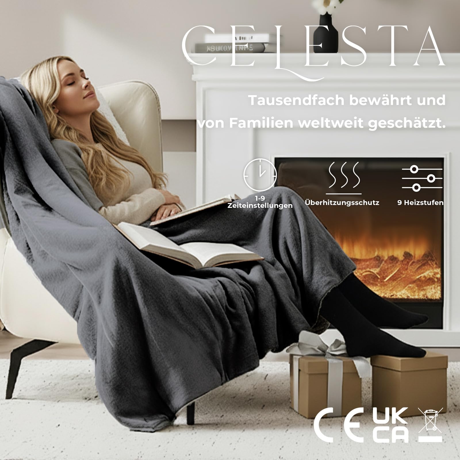 CELESTA Wärmedecke Heizdecke mit Abschaltautomatik, Heizdecke 160x120, 9 Heizstufen 1-9H Timer Auto-Aus, Wärme Decke Flanell-Sherpa, Maschinenwaschbar - für Sofa, Bett und Büro, Dunkelgrau