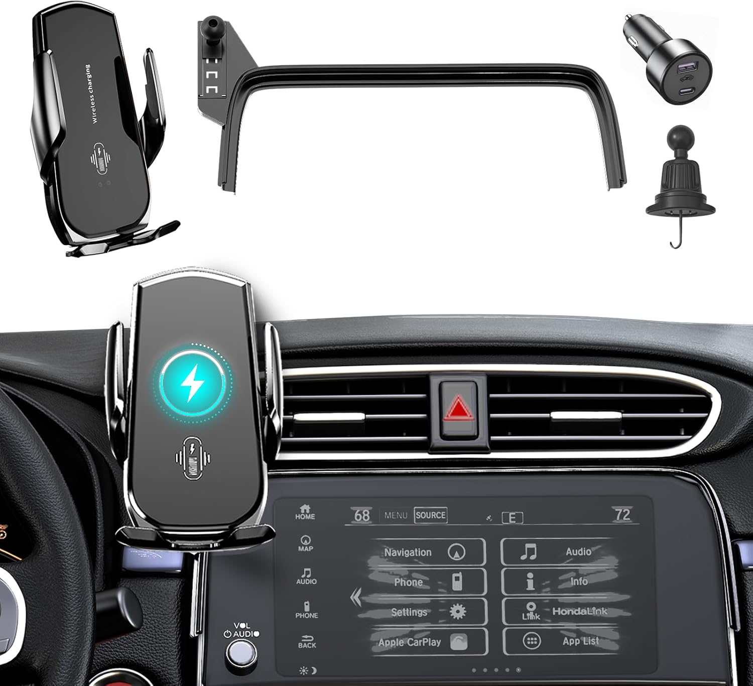 Car Phone Mount for Honda CR-V 2017–2022, 15W Fast Charging Auto-Clamping Honda CRV Phone Holder, 360°Adjustable Left-Top Screen Mount, Car Accessories