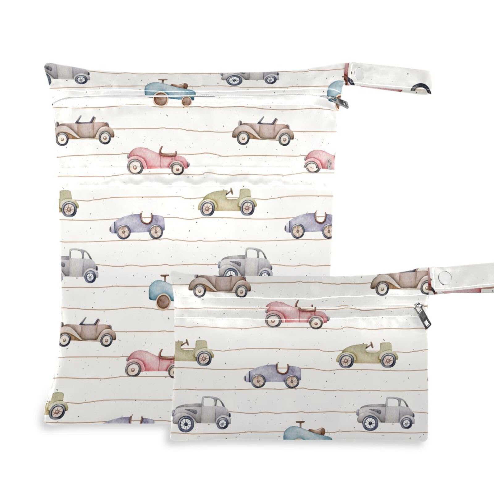 susiyo 2 Pcs Wet Dry Bag Retro Cars Waterproof Reusable Baby Cloth Diaper Wet Bags with 2 Zipper Pockets for Breast Pump Parts Travel Beach Pool Gym Yoga Swimsuits Wet Clothes