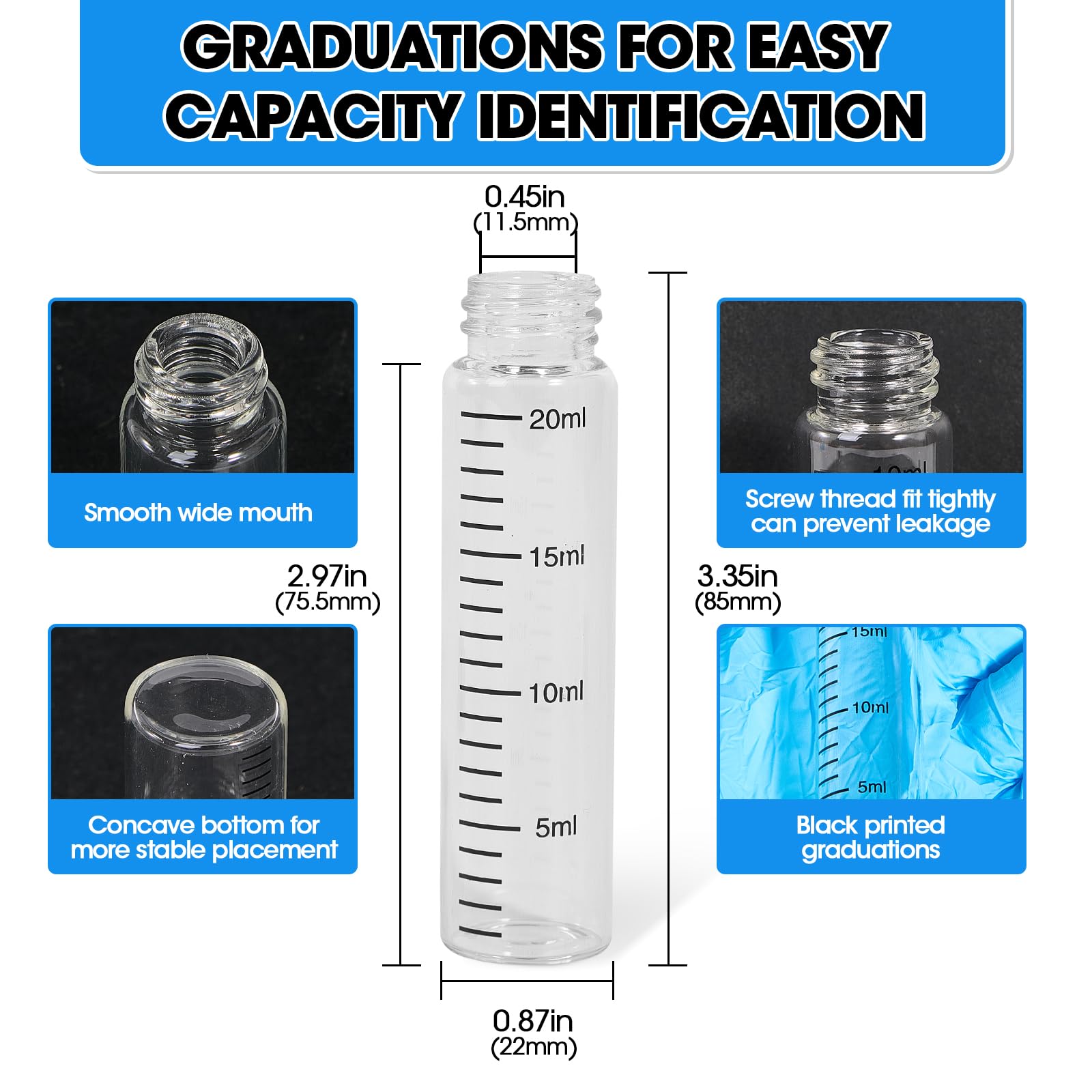 Fiale graduate in vetro trasparente da 20 ml con tappi a vite e tappi in plastica, piccole fiale per campioni con coperchi, fiale vuote a prova di perdite, 50 pezzi