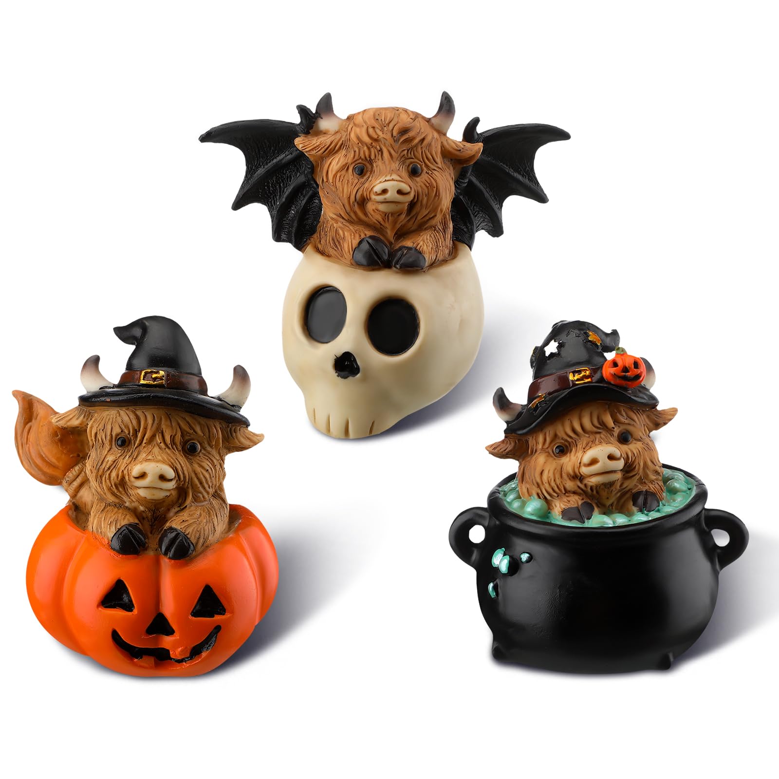 Foilswirl 3 Pcs Halloween Highland Cow Figurines, Highland Cow Desk Decor