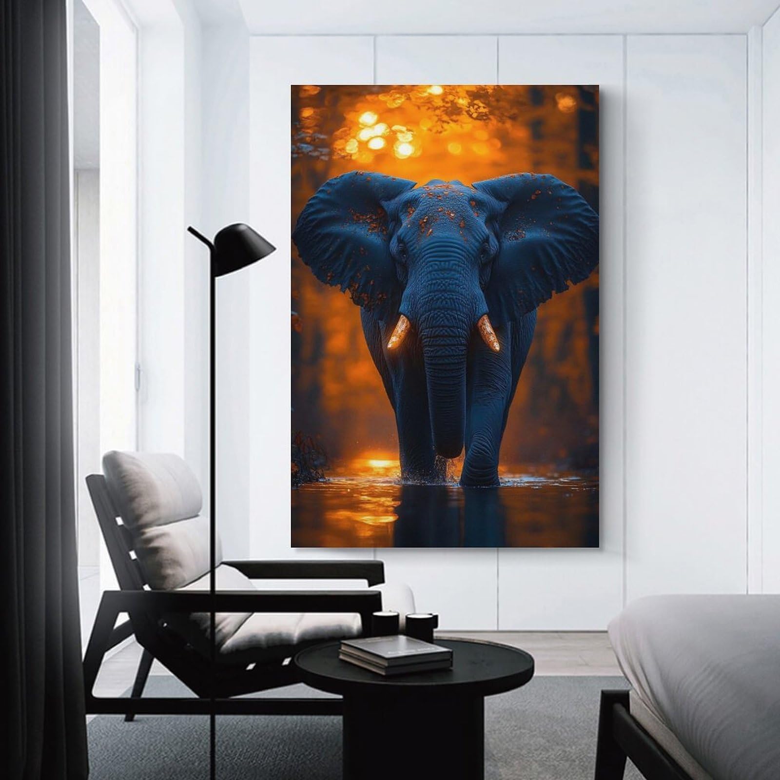 Junmoney Canvas Wall Art Blue Elephant in Orange Forest, 24x36inch(60x90cm), for New Homes, Bedrooms Or Workspaces, Canvas Artwork with Gifting Potential