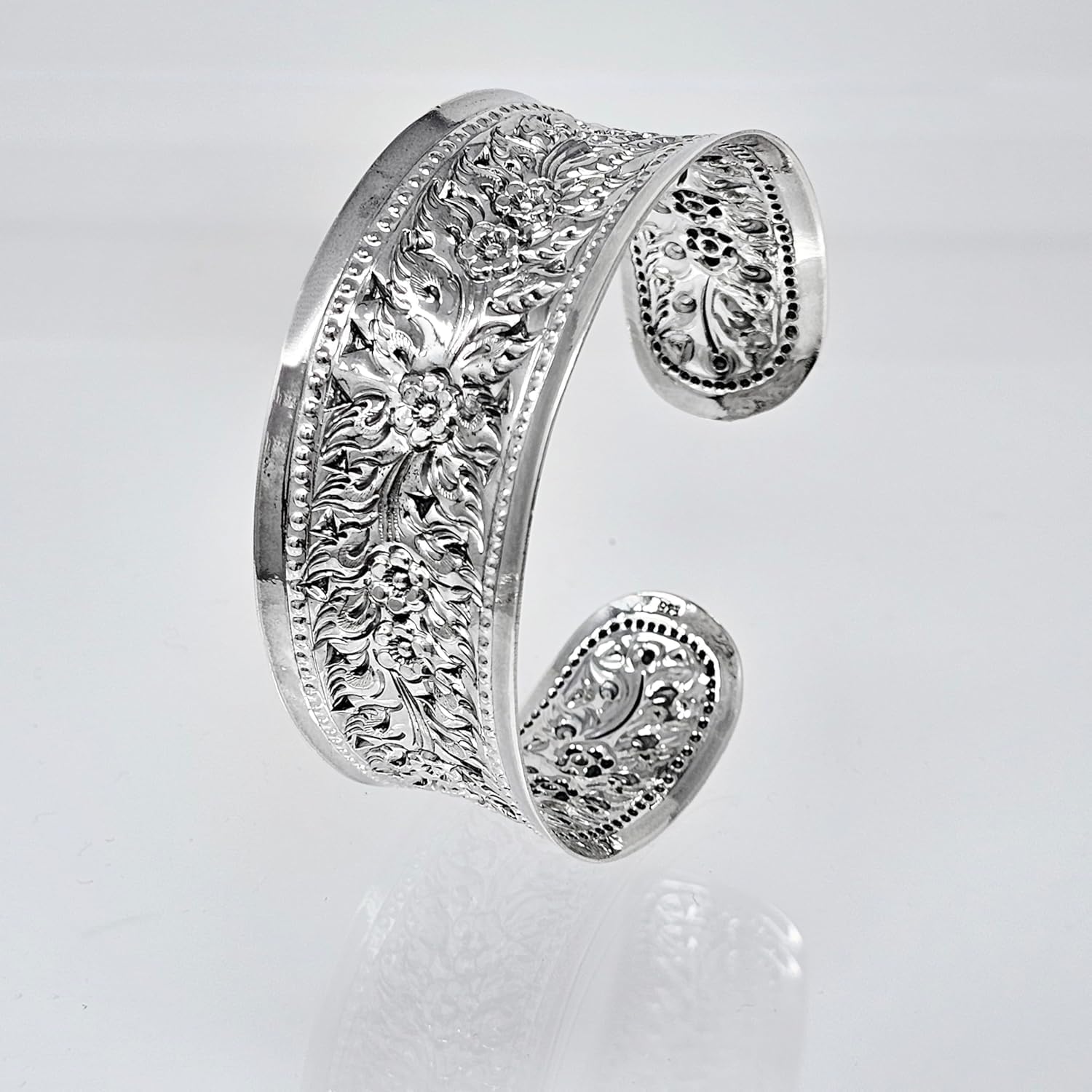 Women's Silver 25mm Wide Cuff Bangle Bracelet - Handmade 925 Sterling Silver Flowers Floral Bangle for Women - Image 2