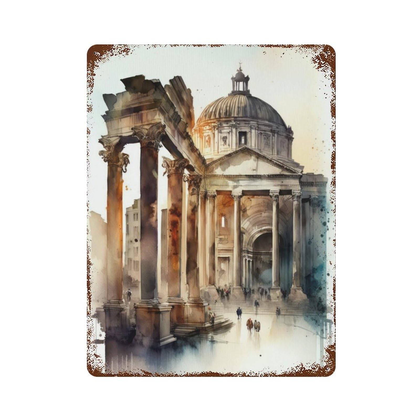 The Forum Rome Watercolor Rusty Metal Tin Sign 15.7"x11.8", for Living Room, Hallway And Home Decor, Old School Wall Decor