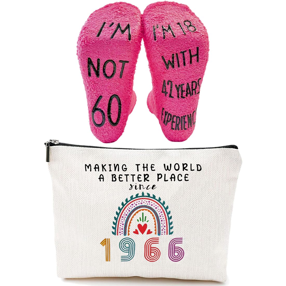 2 Pcs Beauty Case Perfetto Per Il 60º Compleanno, Ideale Come Regalo, Regali di Compleanno per Donne, tra Cui Borsa per il Trucco e Calzini di Compleanno Ideali per Donne (1966-60 anni)