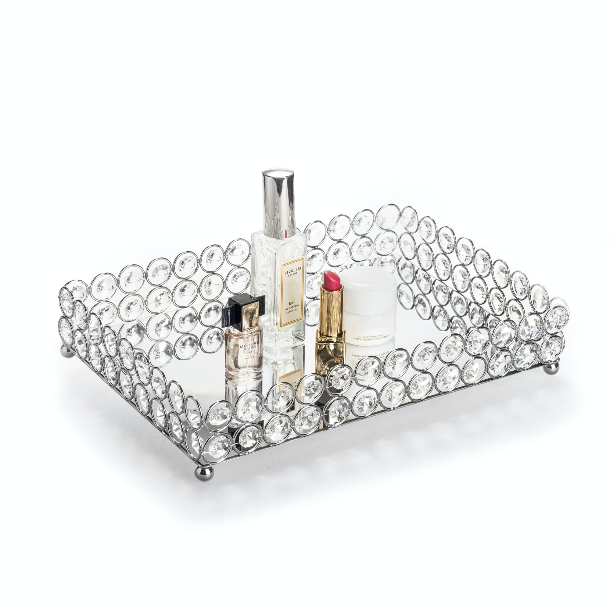 Feyarl Crystal Vanity Makeup Perfume Tray Ornate Jewelry Trinket Organizer Cosmetic Decorative Tray Skin Care Storage for Home Dressing Table Wedding