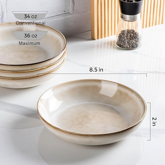 AmorArc 8.5 Ceramic Pasta Bowls Set of 4, 36oz Large Stoneware Bowls Set