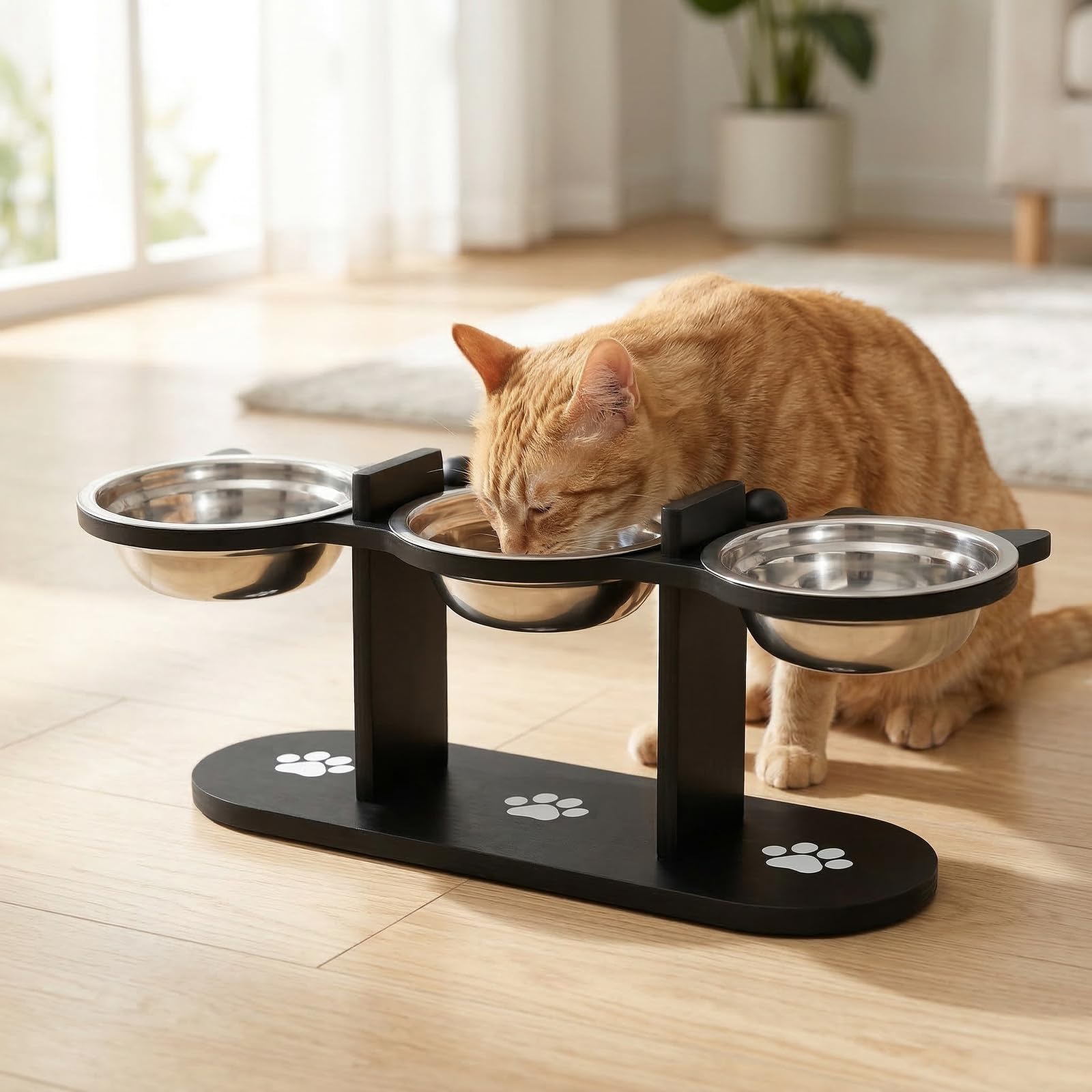 Comedero Gato Elevado,Comedero Perro de Acero Inoxidable, 3x300ml Comederos y Bebederos,con Soporte de Bambú,Altura Ajustable,Inclinación de 15°,para Gatos y Perros pequeños (Negro)