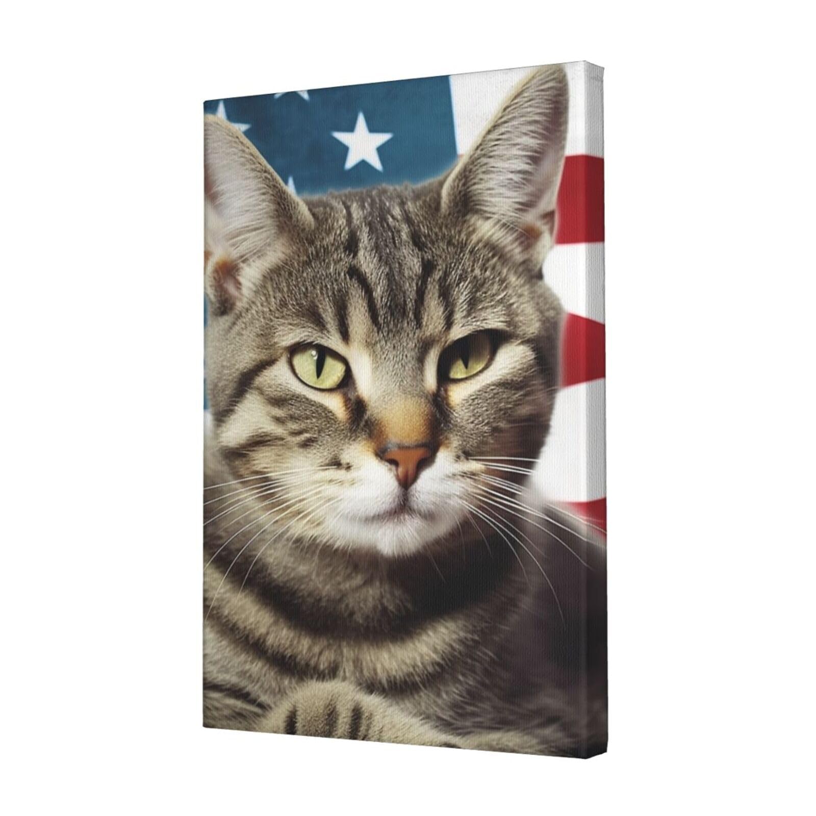 FodPand American Cat Usa Flag Canvas Wall Art for Living Room Wall Decor 12"x18" Modern Artwork Painting Pictures Hanging Canvas Prints Aesthetic Wall Art for Bedroom Bathroom Office Wallart Decor