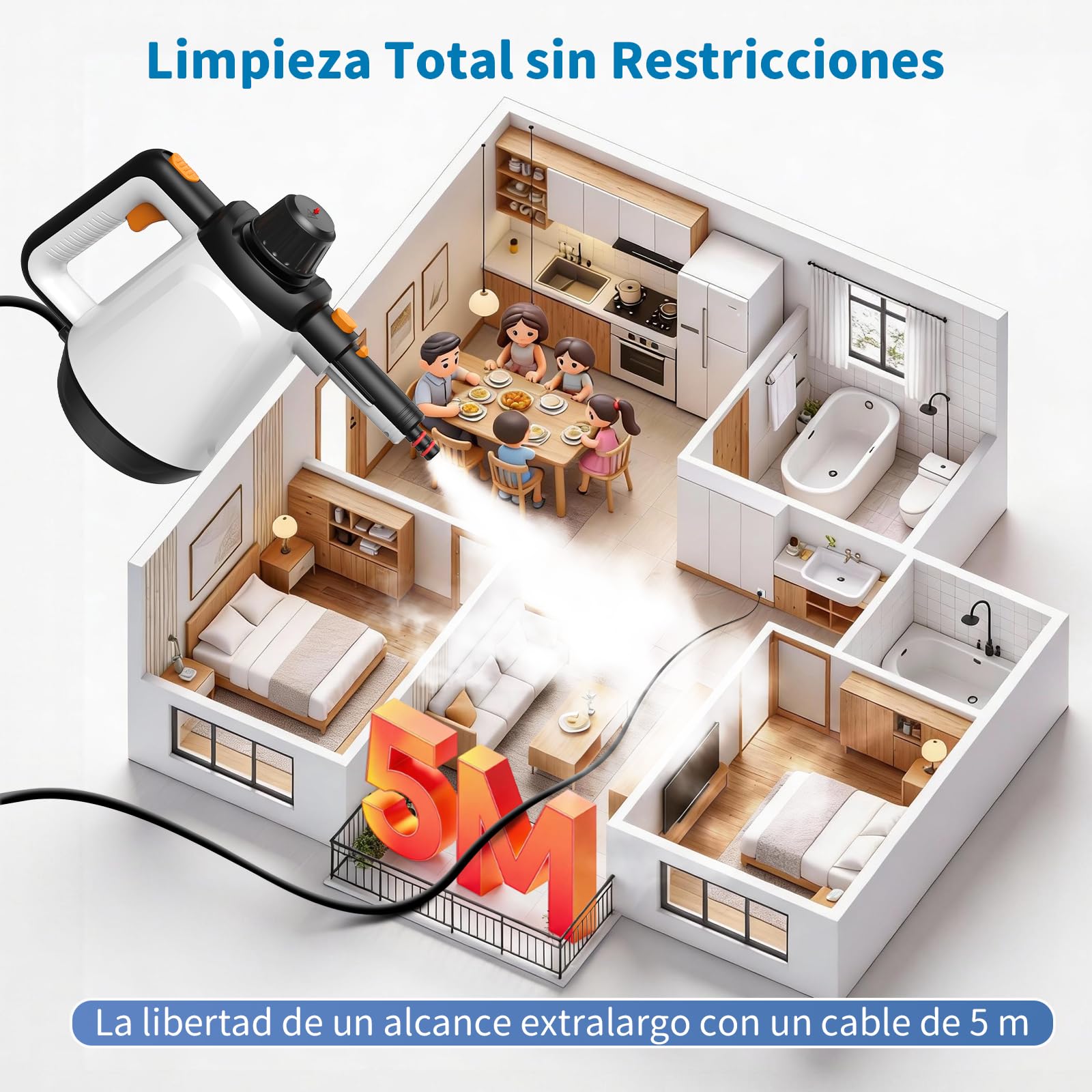 Vaporeta de Mano, 110℃ Limpiador a Vapor para una Limpieza Eficiente, Versátil Vaporeta con 10 Accesorios y Cable de 5m, Steam Cleaner para Sofás, Alfombras, Juntas, Limpieza sin Químicos (Blanco) — view 7