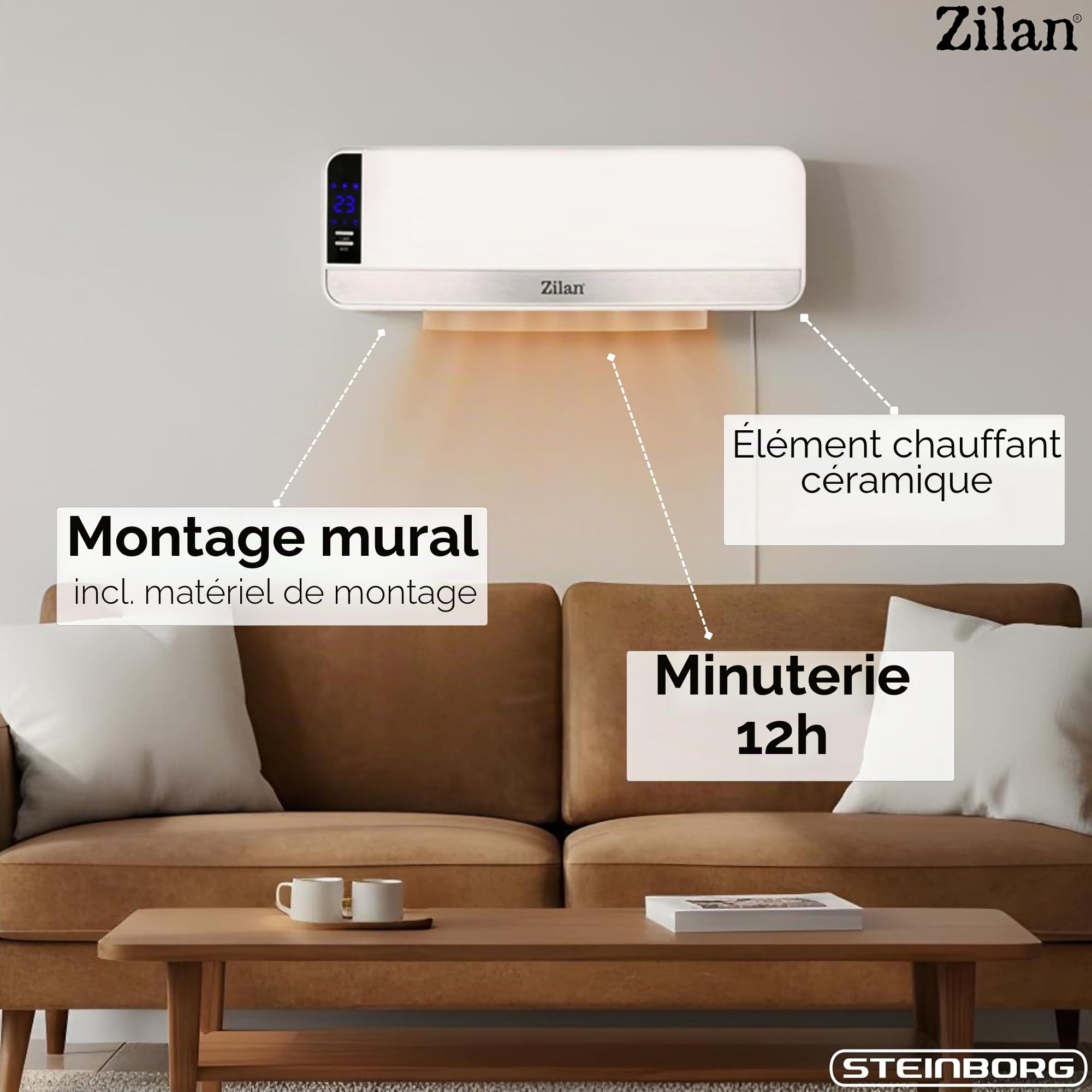 Radiateur mural en céramique - Chauffage mural électrique - Pour salle de bain - Économie d'énergie - Télécommande - Mini chauffage mural - Élément chauffant en céramique - Chauffage rapide