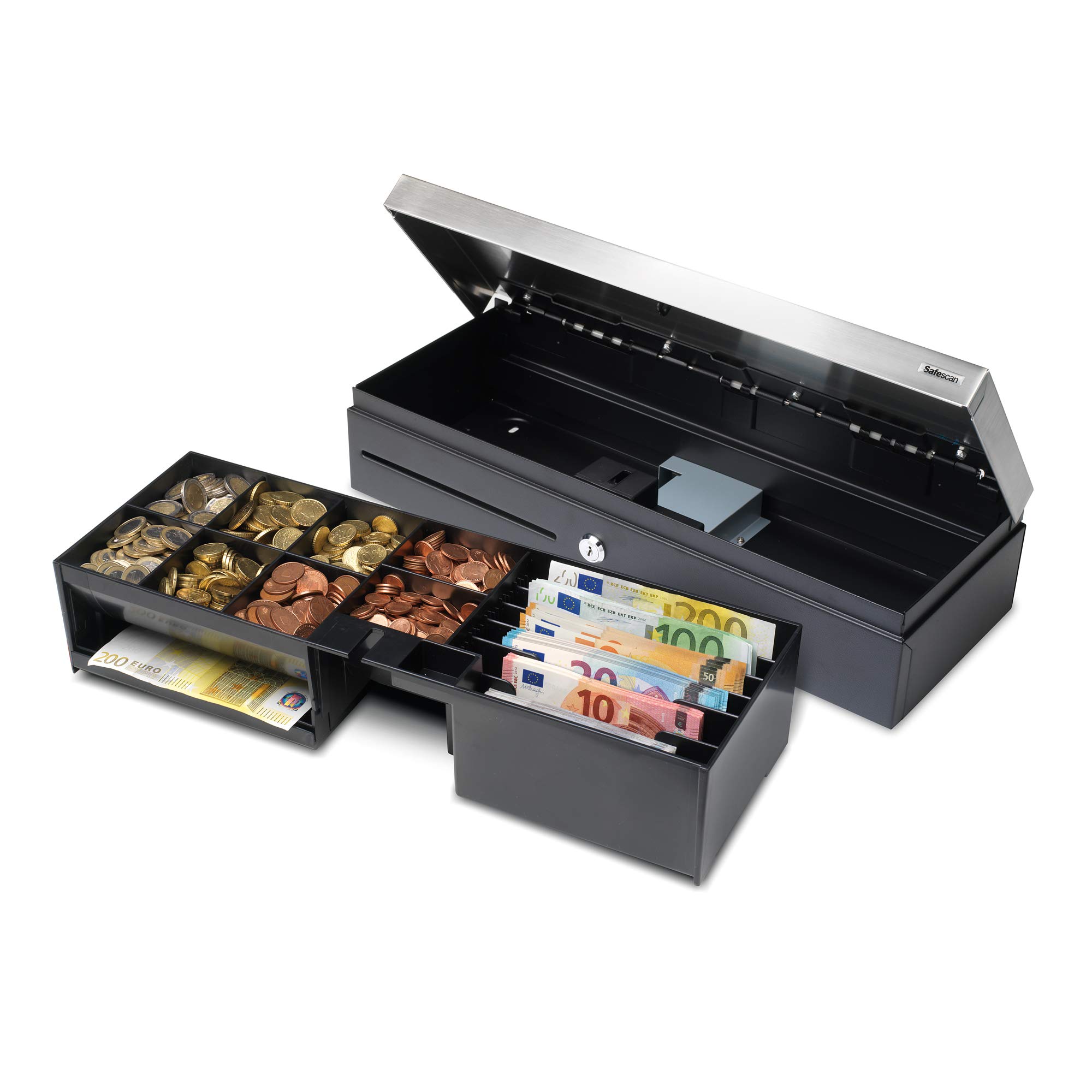 Safescan SD-4617S Cajón portamonedas vertical para el efectivo - Caja registradora con 6 apartados para billetes y 8 para monedas - Caja dinero con conexión RJ-12 - Cajón portamonedas de 46x17x10 cm