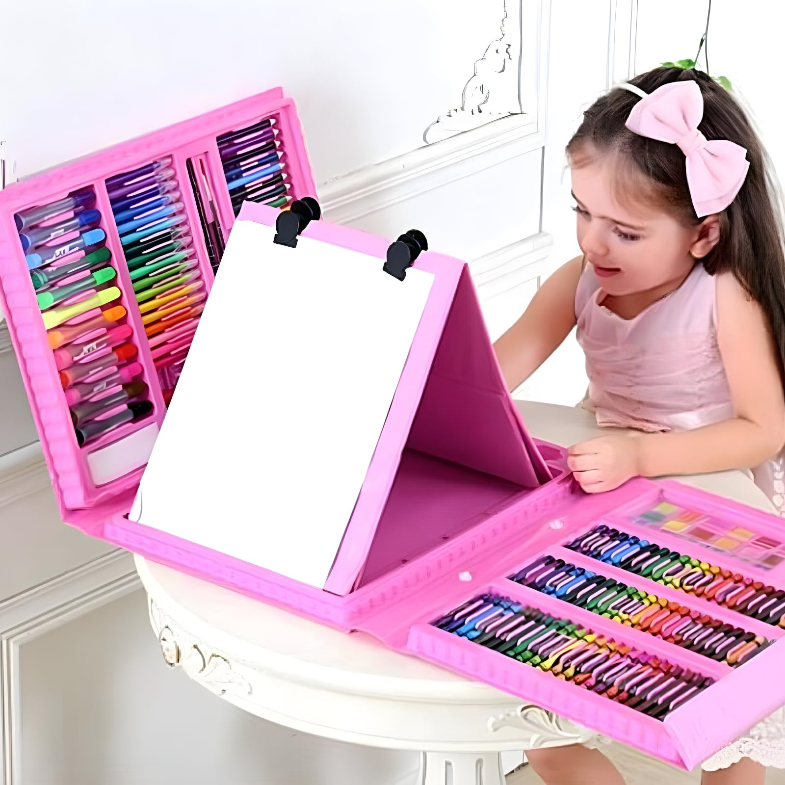 RLS 208pc Deluxe Quality Portable Pink Colouring Art Set in case with Colouring Pencils Painting Set for Boys and Girls
