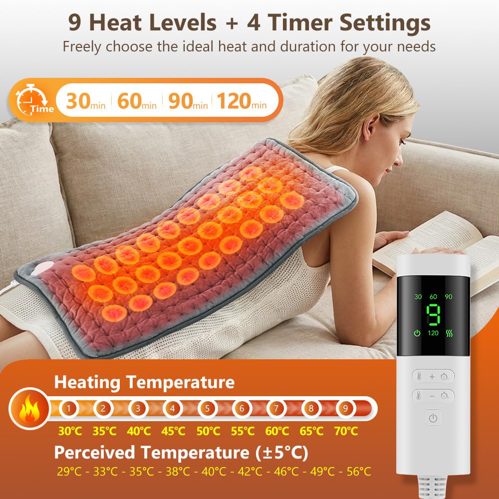 27 PCS Termoforo Elettrico,Cuscino Riscaldante Infrarossi Lontani Giada | con 9 livelli di temperatura e 4 impostazioni di temporizzazione, Heating Pad con telecomando digitale, per schiena lombare