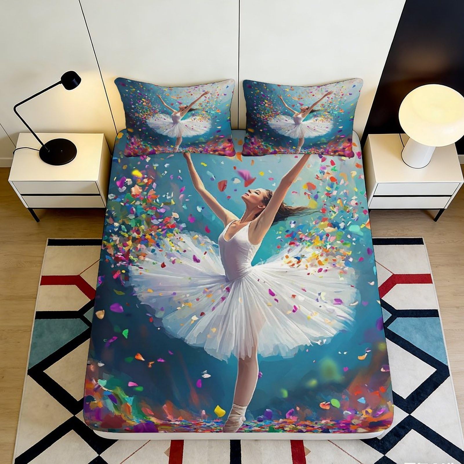 3D Printed Ballet Dancer Fitted Sheet Microfiber Colorful Confetti Bed Cover for Bedroom Guest Room Decor Protection 90x200x25cm