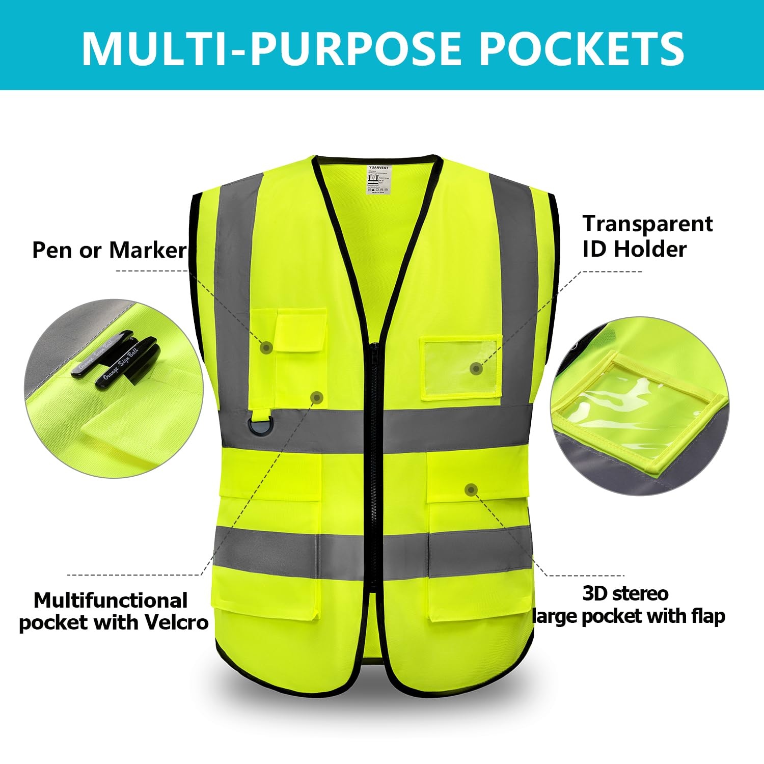 YUANVEST Hi Vis Vests for Men Women 5 Pockets,High Visibility Reflective Safety Security Vest,2-inch Reflective Strip High Visibility Vest,Meets ANSI/ISEA Standards (Yellow - Image 4