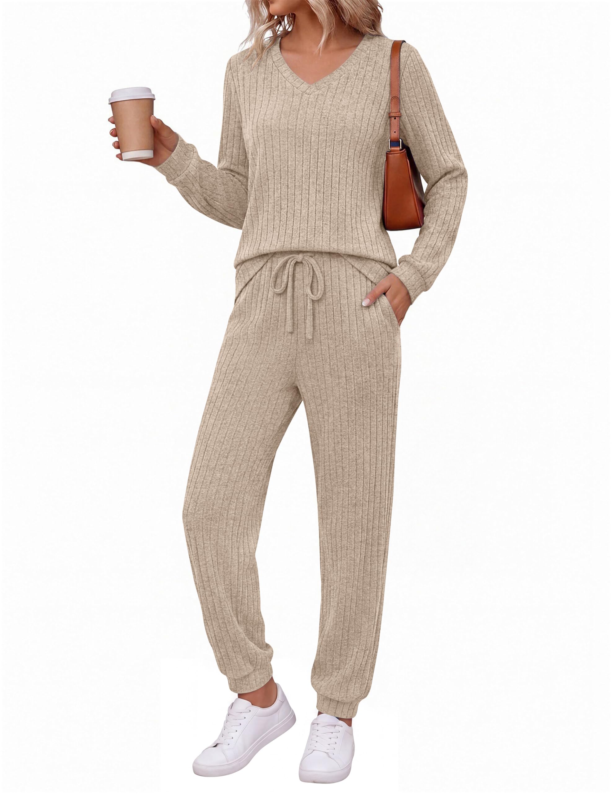 Ekouaer Womens Ribbed Knit Lounge Set Long Sleeve Pajama Sets Dark Gray