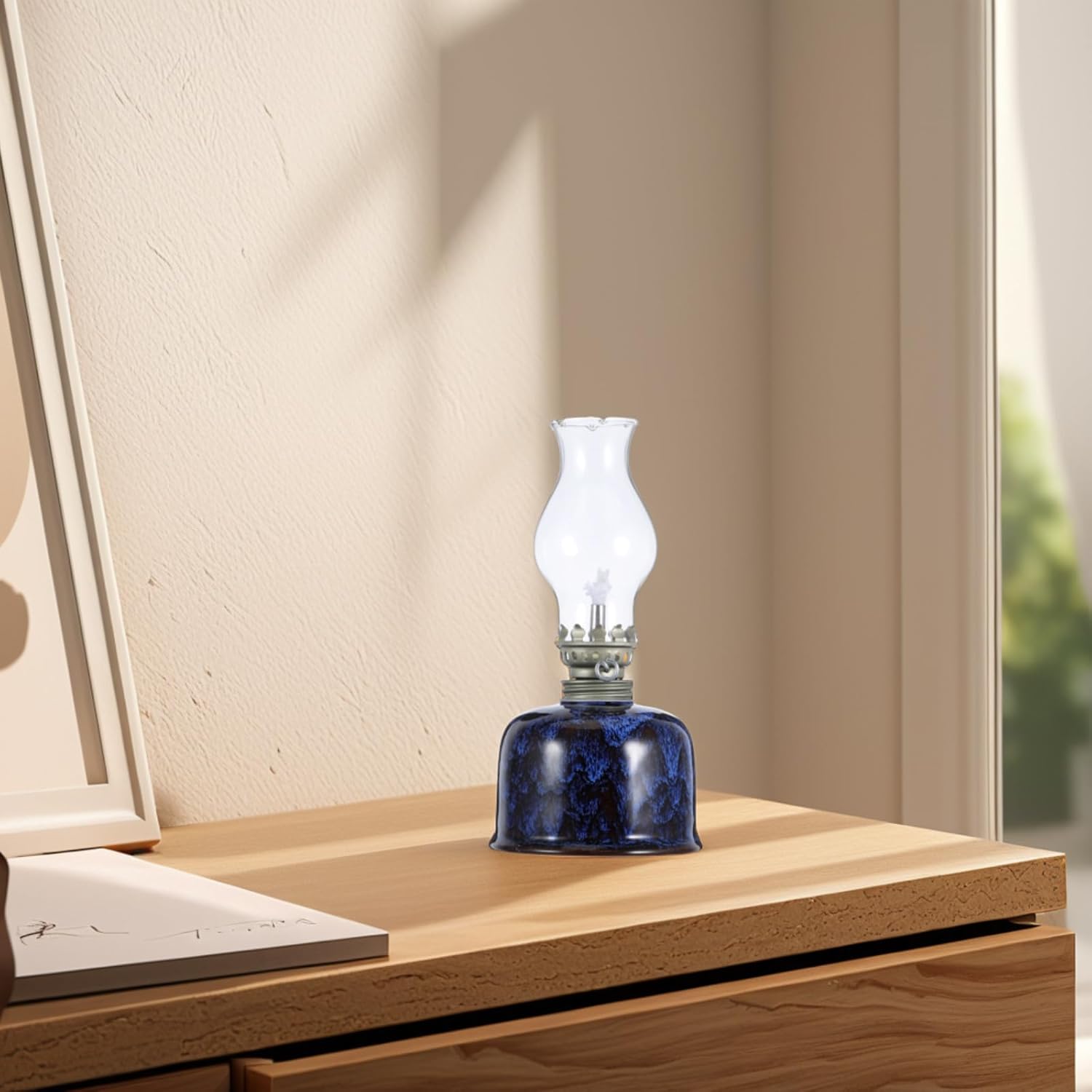 Ceramic Vintage Kerosene Oil Lamp with Blue Ceramic Glass Chimney, Indoor Home Decor Lantern for Emergency Use, Antique Style Nostalgic Decorative Oil Lamp