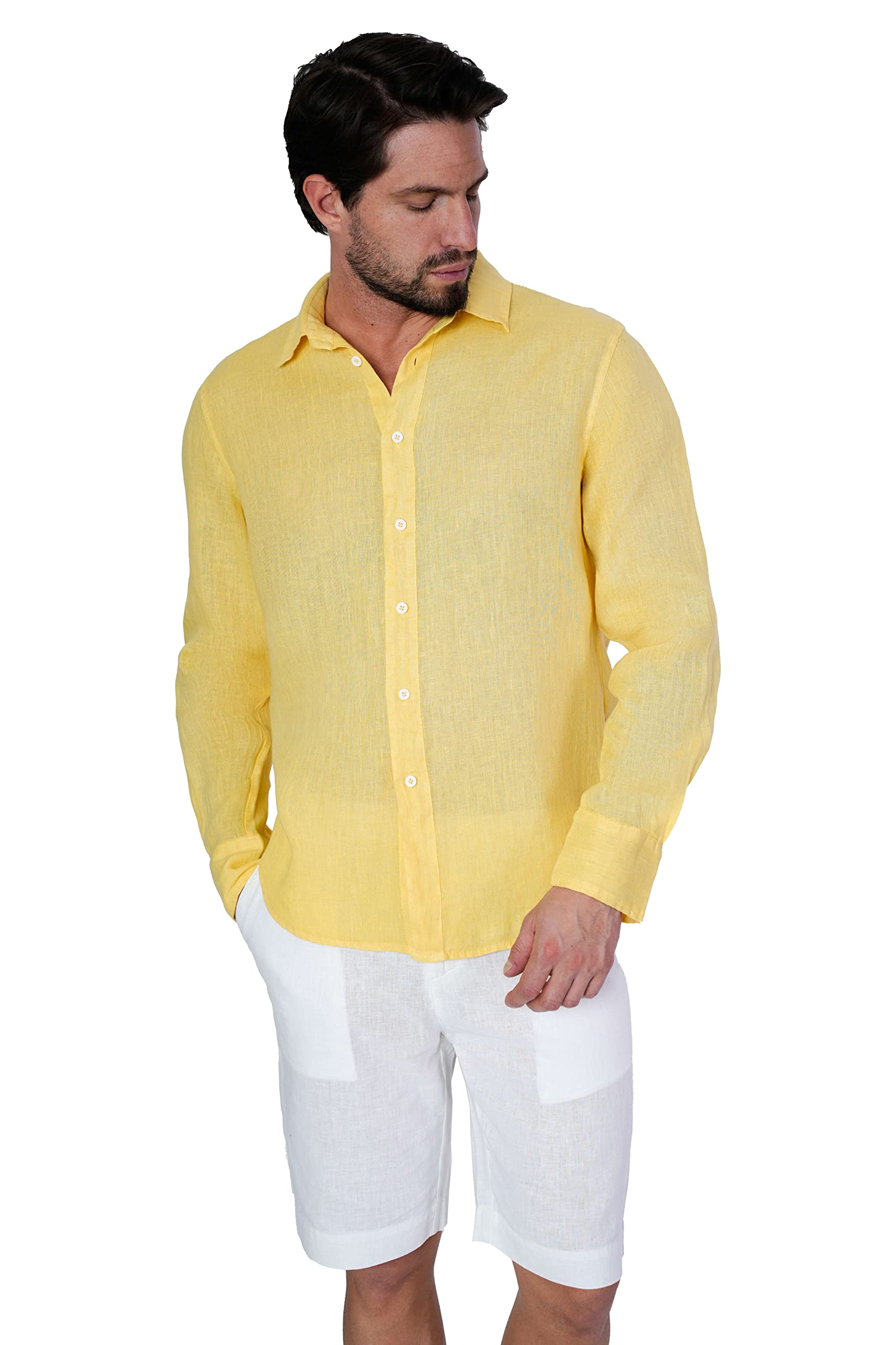 1st American Camisa de Lino Made in Italy para Hombre Manga Larga Slim Fit - 100% Lino Puro - Elegante Cuello Clásico con Botones, (Talla S-XXXL)