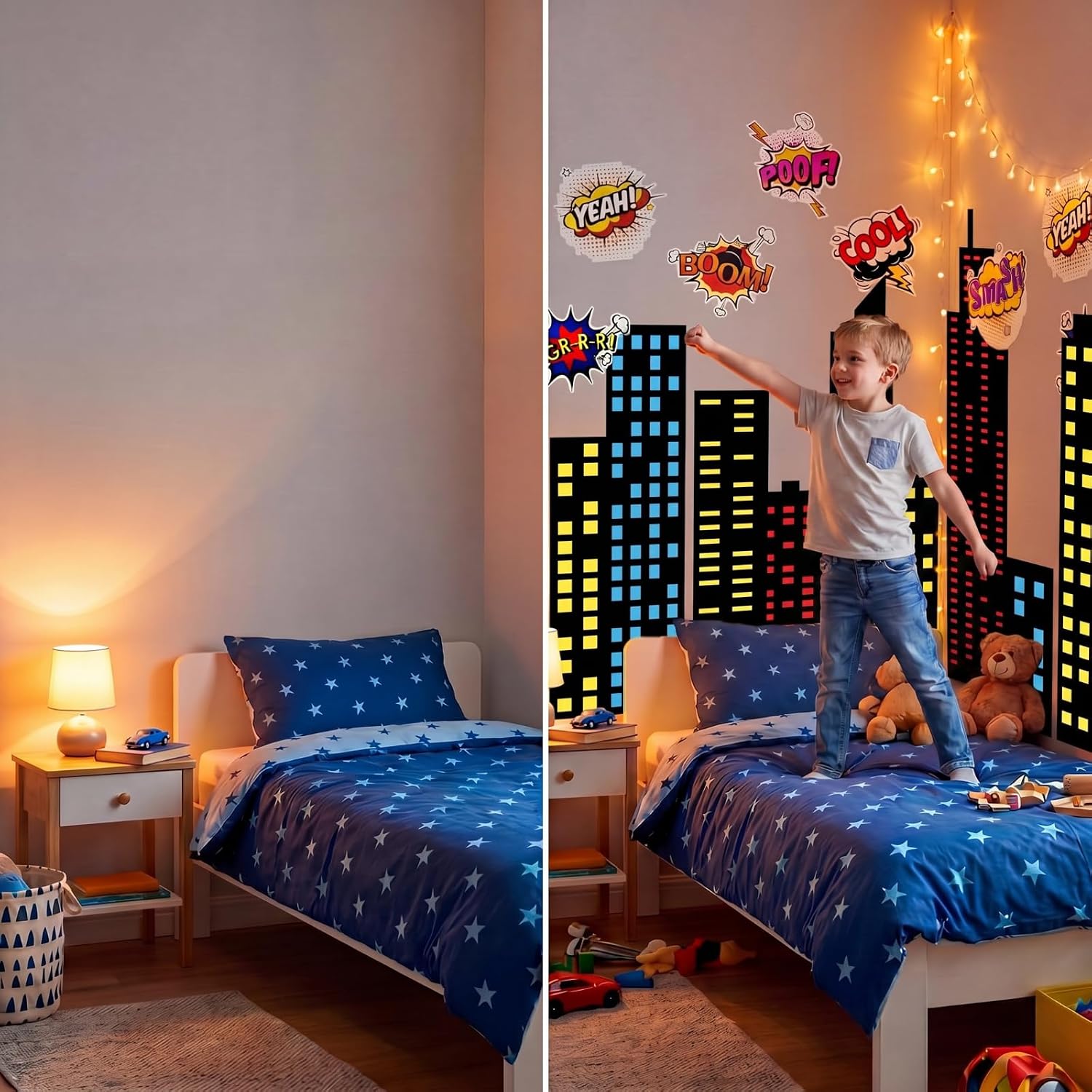 Crtiin 19 Pcs Large Hero City Skyline Wall Decals 12 Comic Words and 7 Large New York Skyline Skyscraper Wall Decal Hero City Buildings Background for Classroom Back to School Hallway Decor